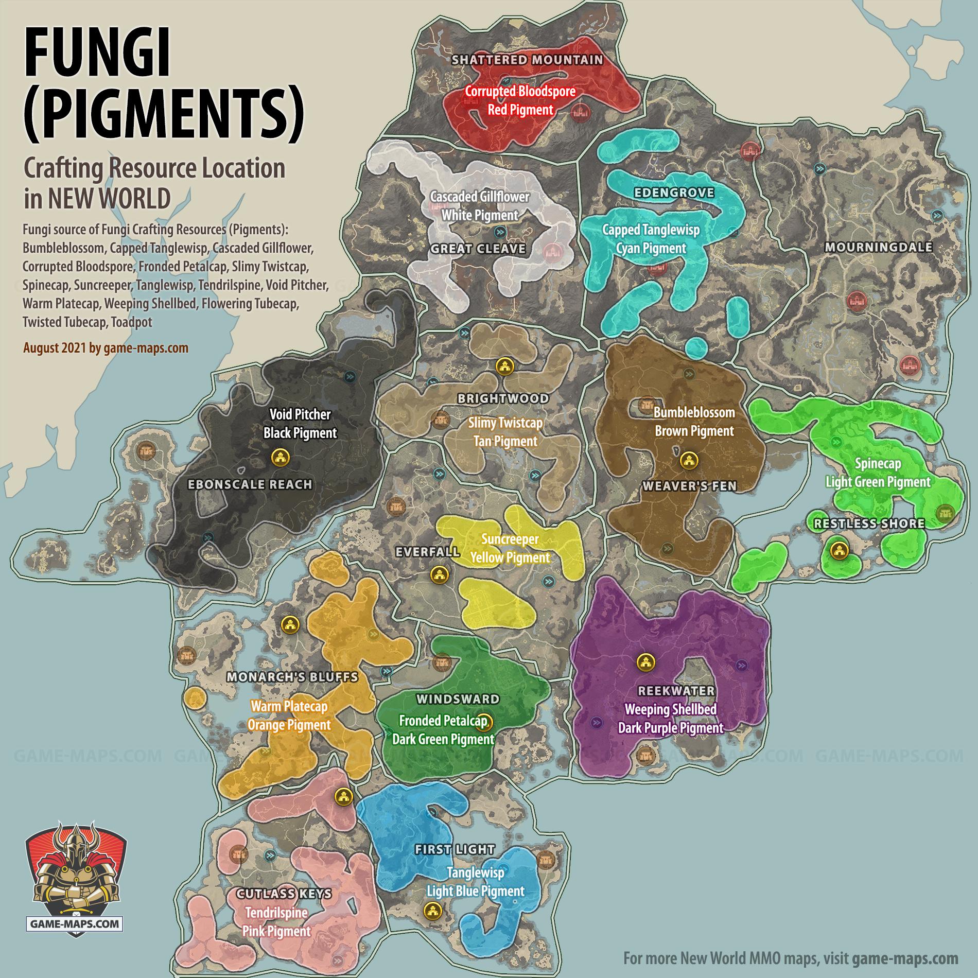 New World Resource Location Map of Fungi (Pigments), source of Fungi Crafting Resources: Bumbleblossom, Capped Tanglewisp, Cascaded Gillflower, Corrupted Bloodspore, Fronded Petalcap, Slimy Twistcap, Spinecap, Suncreeper, Tanglewisp, Tendrilspine, Void Pitcher, Warm Platecap, Weeping Shellbed, Flowering Tubecap, Twisted Tubecap, Toadpot.