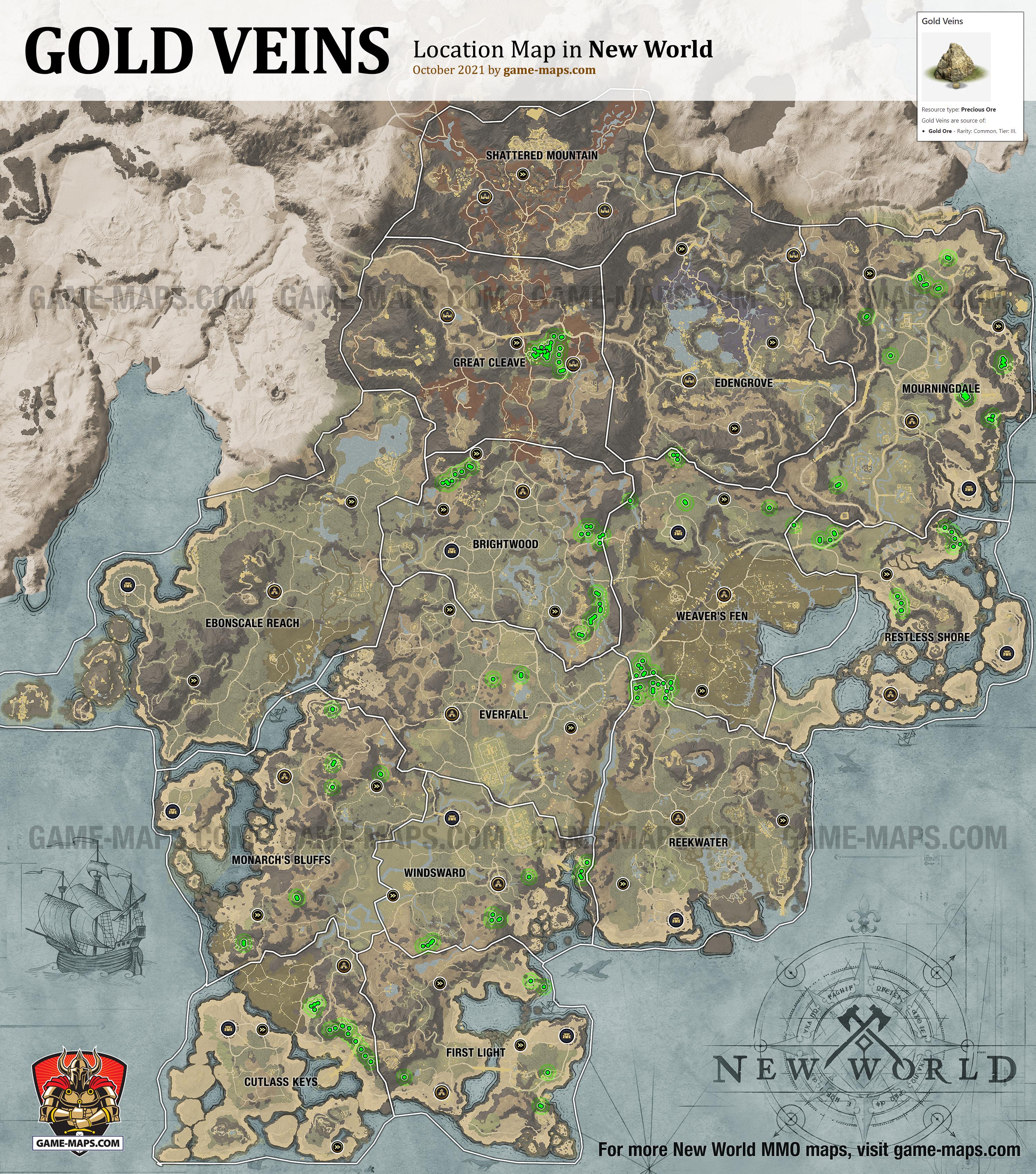 New World Resource Location Map of Gold Veins, source of Precious Ore Crafting Resources: Gold Ore.