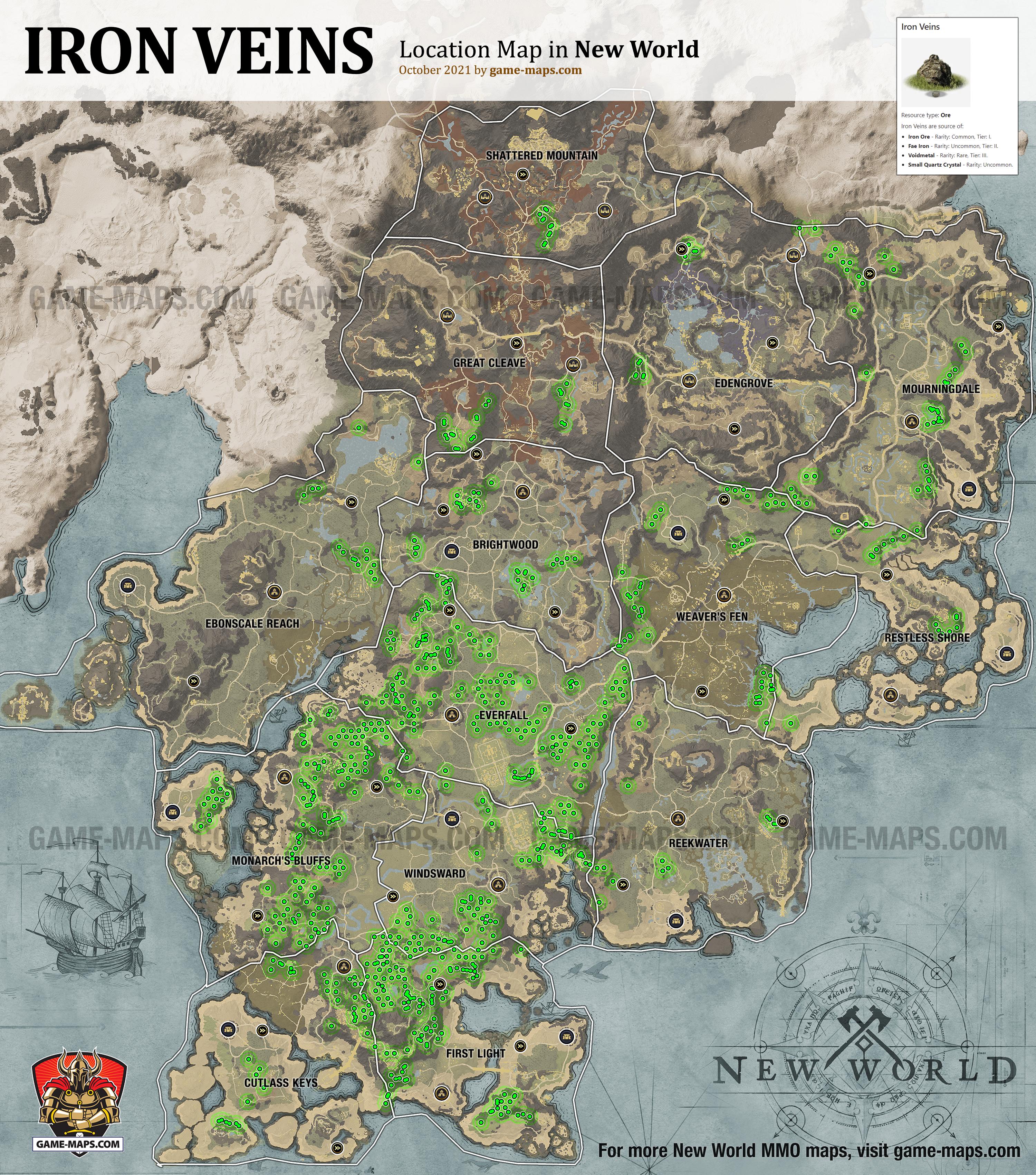 Iron Veins Location Map in New World New World Resource Location Map of Iron Veins, source of Ore Crafting Resources: Iron Ore, Fae Iron, Voidmetal, Small Quartz Crystal.