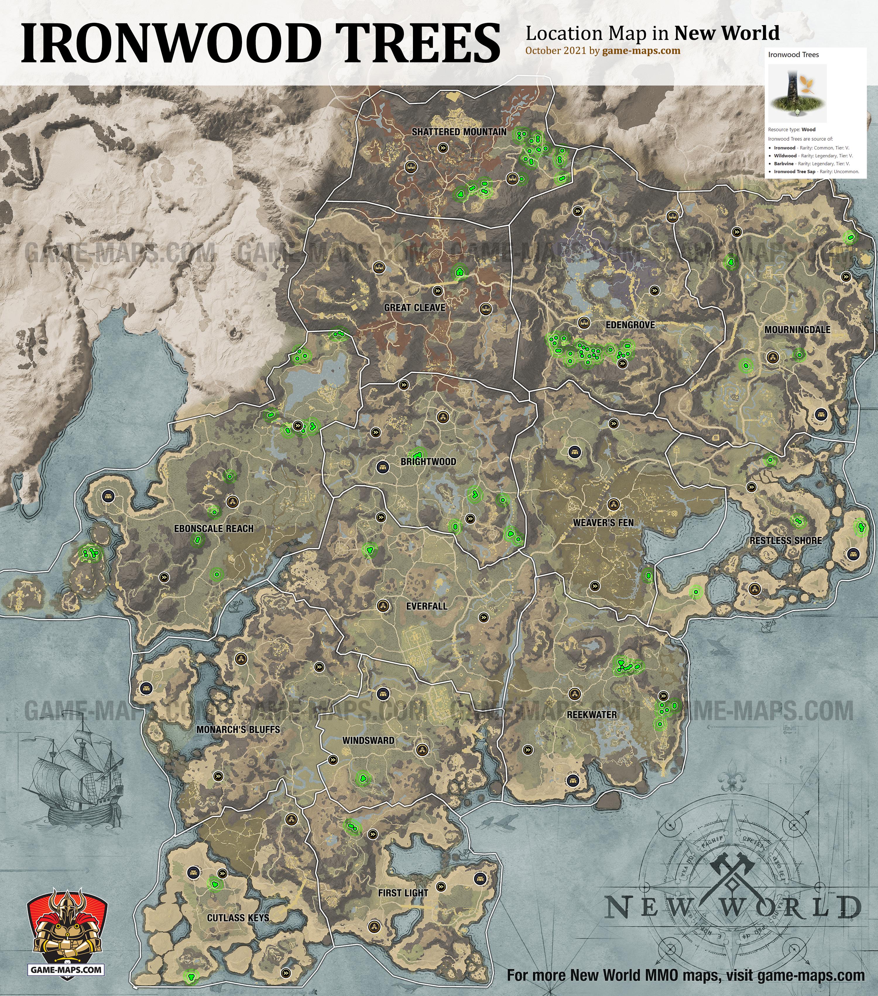 Ironwood Trees Location Map in New World New World Resource Location Map of Ironwood Trees, source of Wood Crafting Resources: Ironwood, Wildwood, Barbvine, Ironwood Tree Sap.