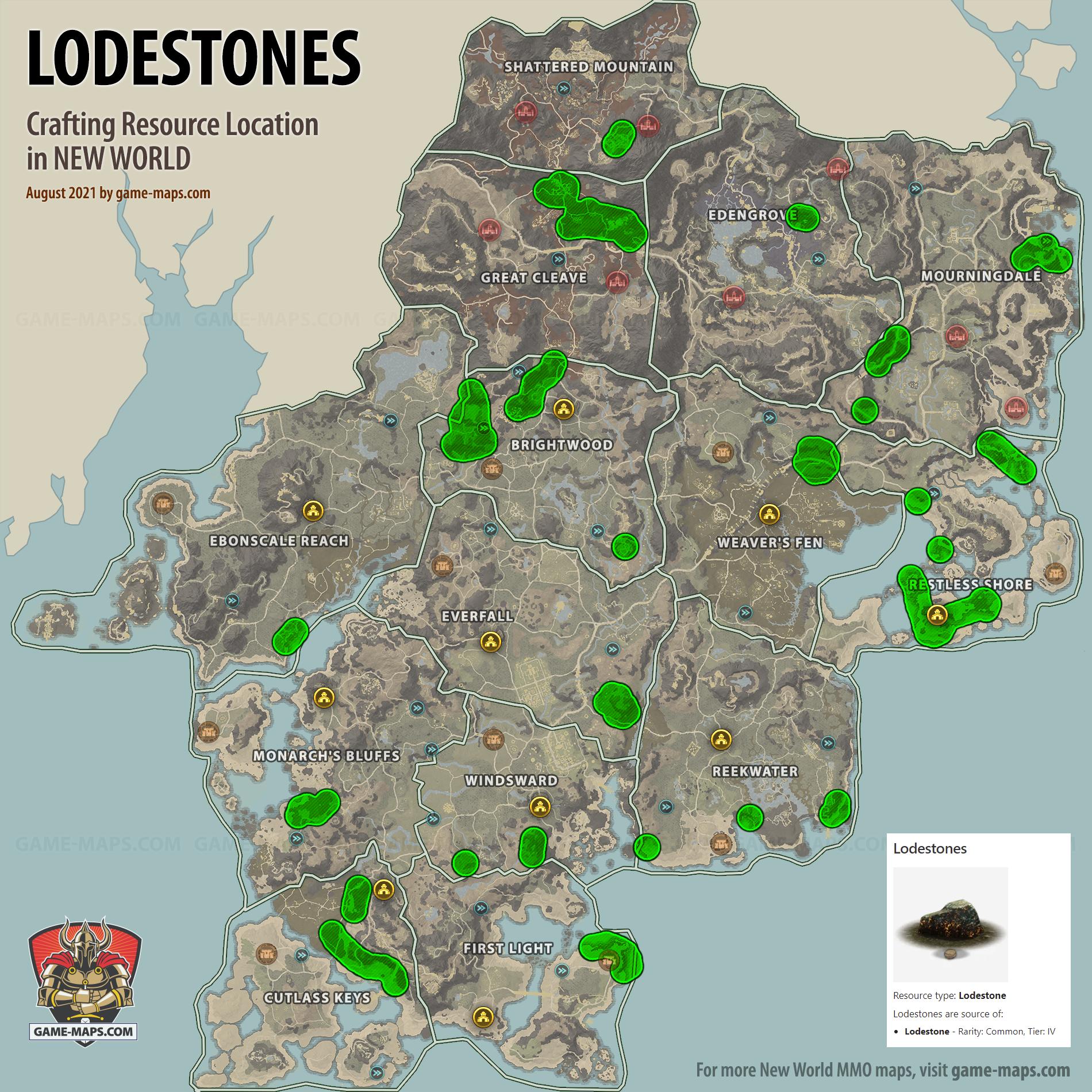New World Resource Location Map of Lodestones, source of Lodestone Crafting Resources: Lodestones.