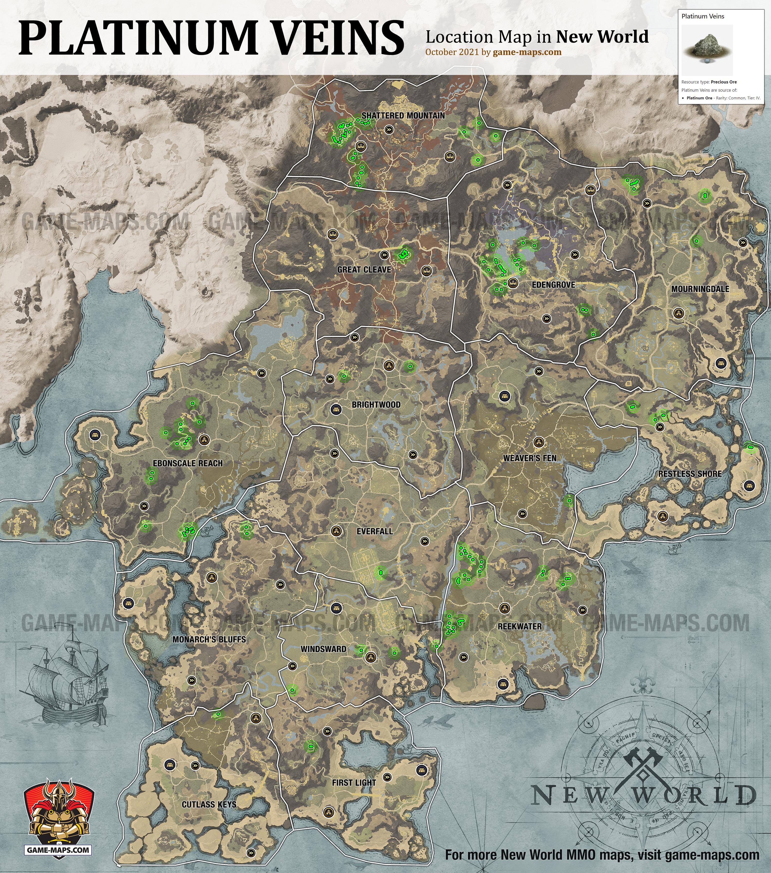 Platinum Veins Location Map in New World New World Resource Location Map of Platinum Veins, source of Precious Ore Crafting Resources: Platinum Ore.