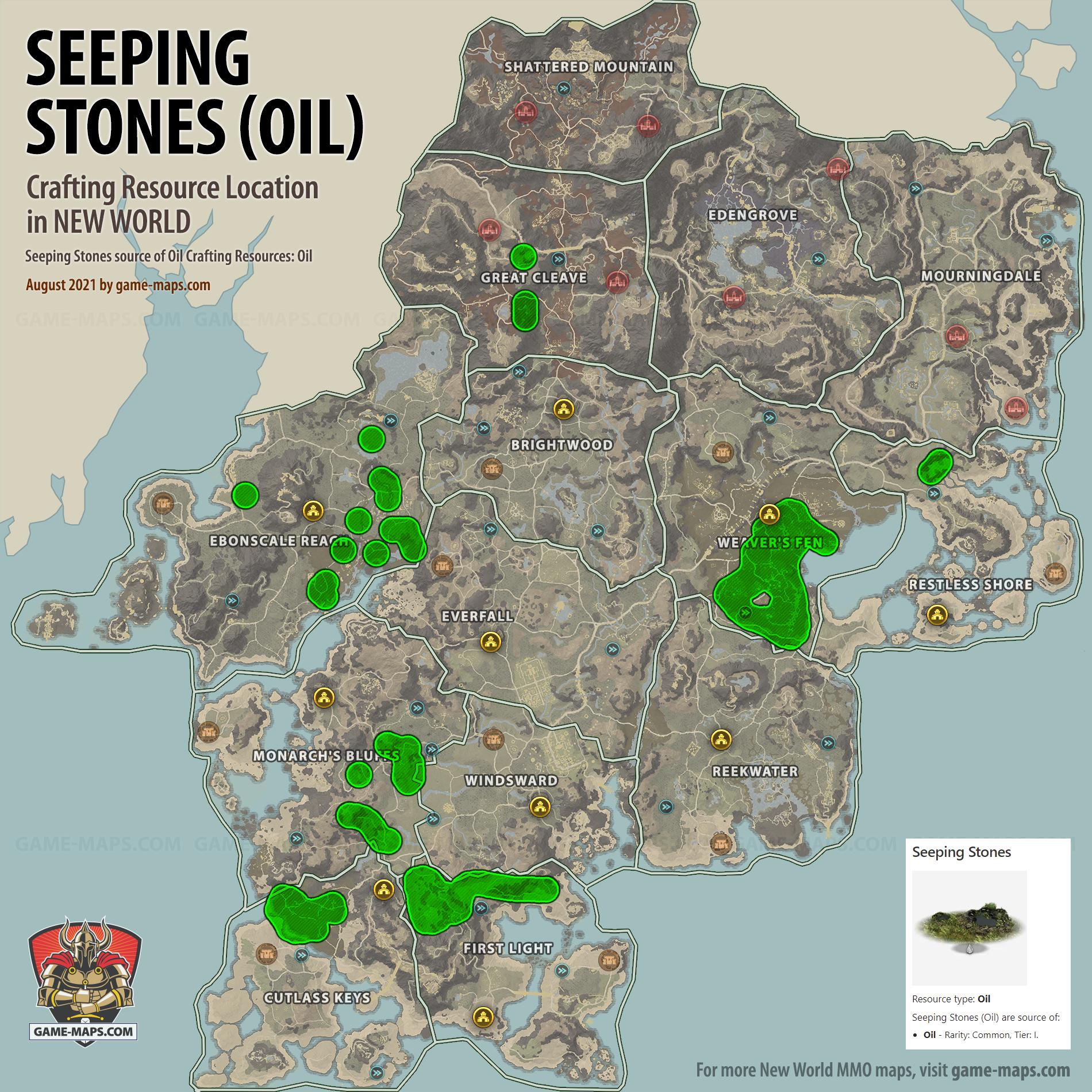 New World Resource Location Map of Seeping Stones (Oil), source of Oil Crafting Resources: Oil.