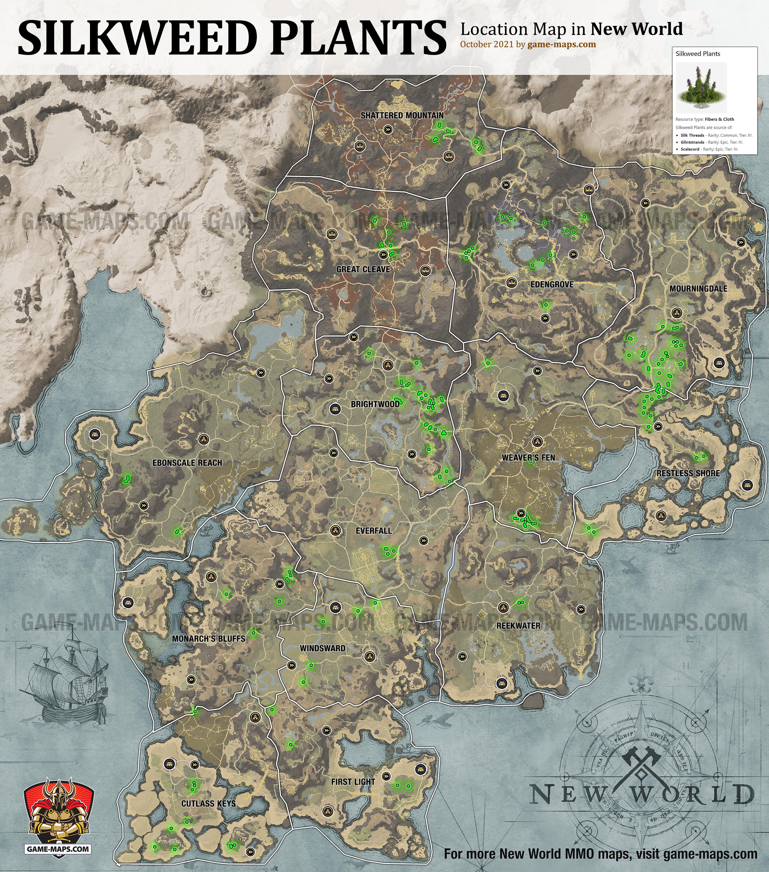 New World Resource Location Map of Silkweed Plants, source of Fibers & Cloth Crafting Resources: Silk Threads, Glintstrands, Scalecord.