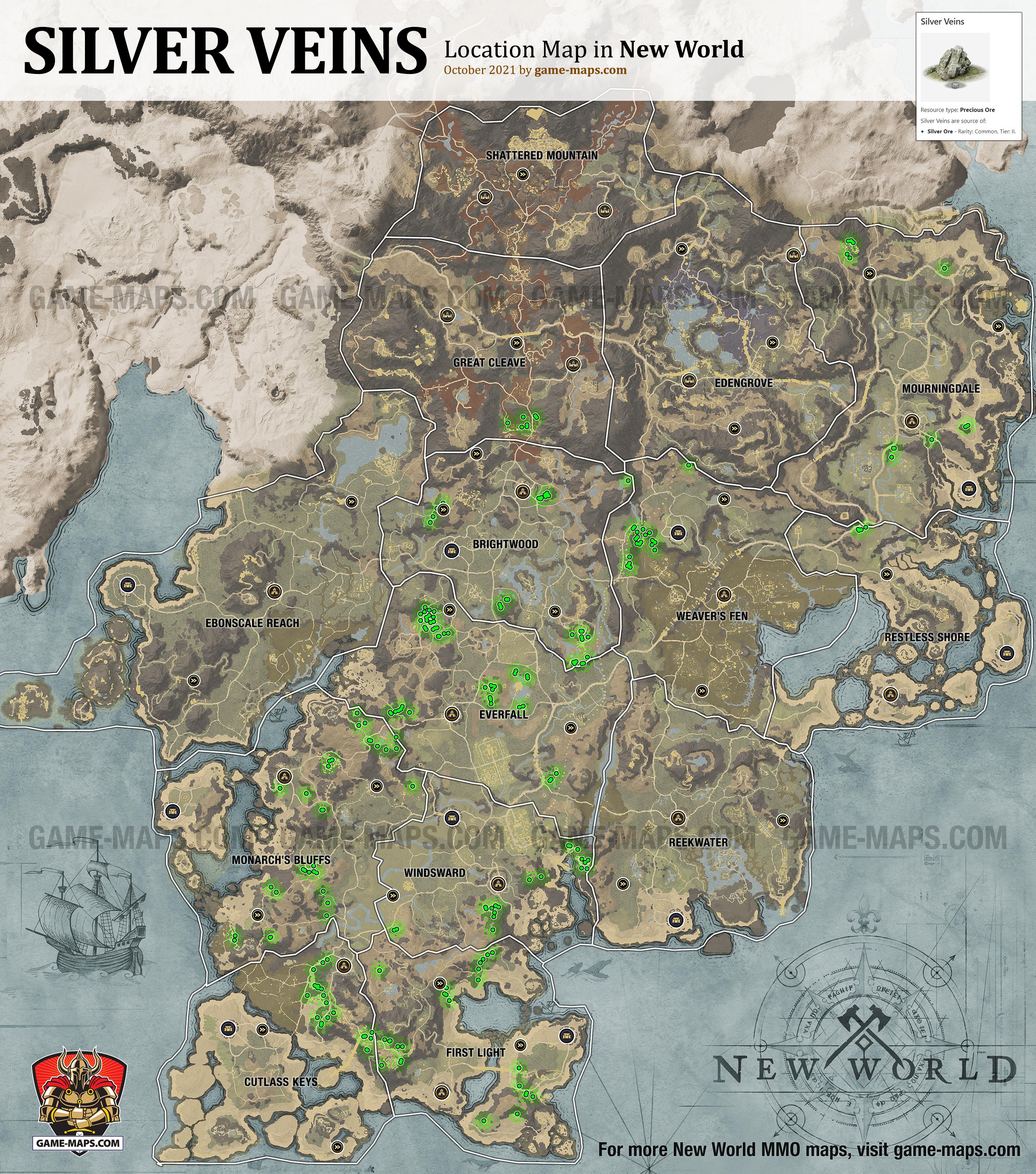 New World Resource Location Map of Silver Veins, source of Precious Ore Crafting Resources: Silver Ore.