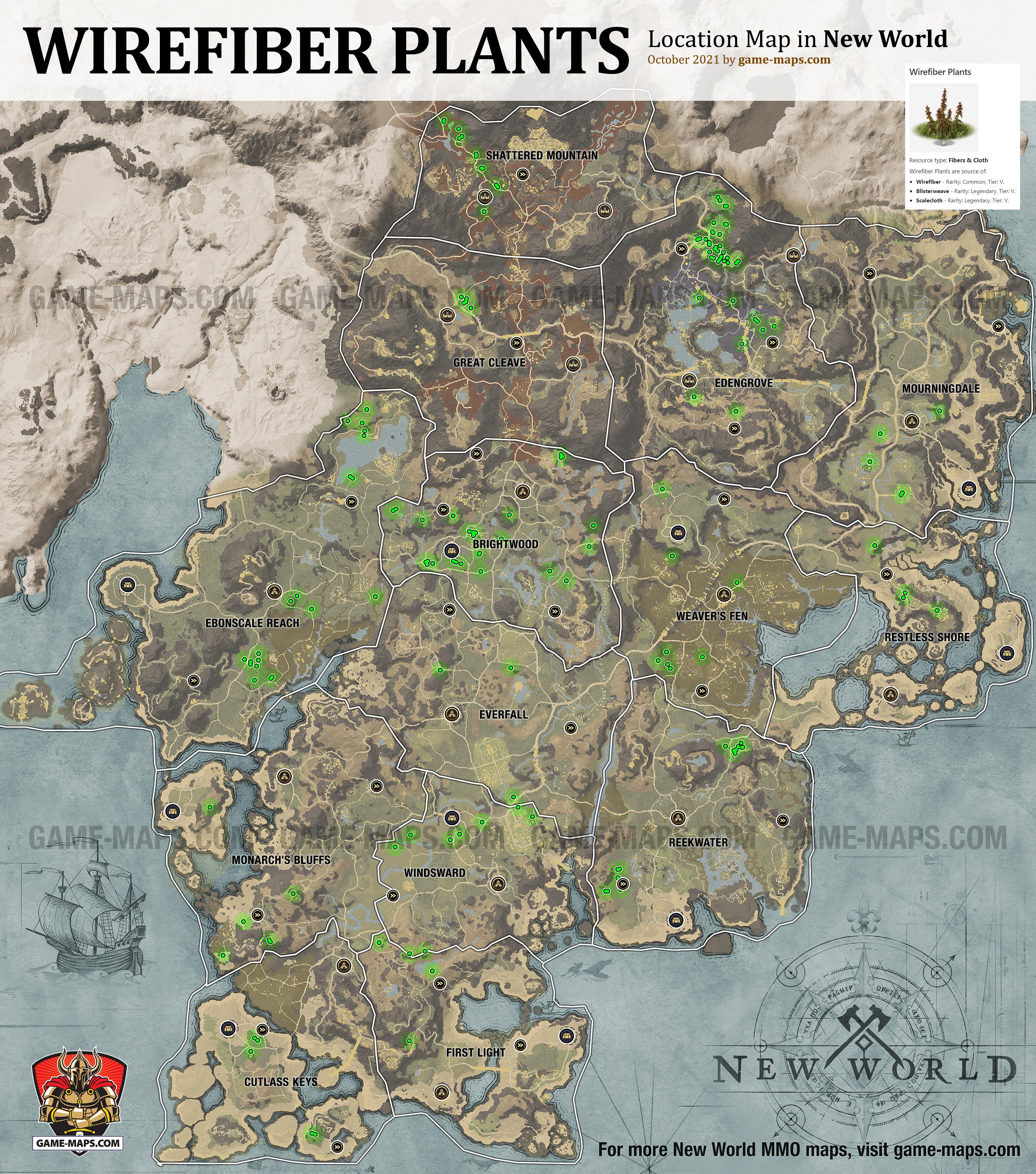 New World Resource Location Map of Wirefiber Plants, source of Fibers & Cloth Crafting Resources: Wirefiber, Blisterweave, Scalecloth.