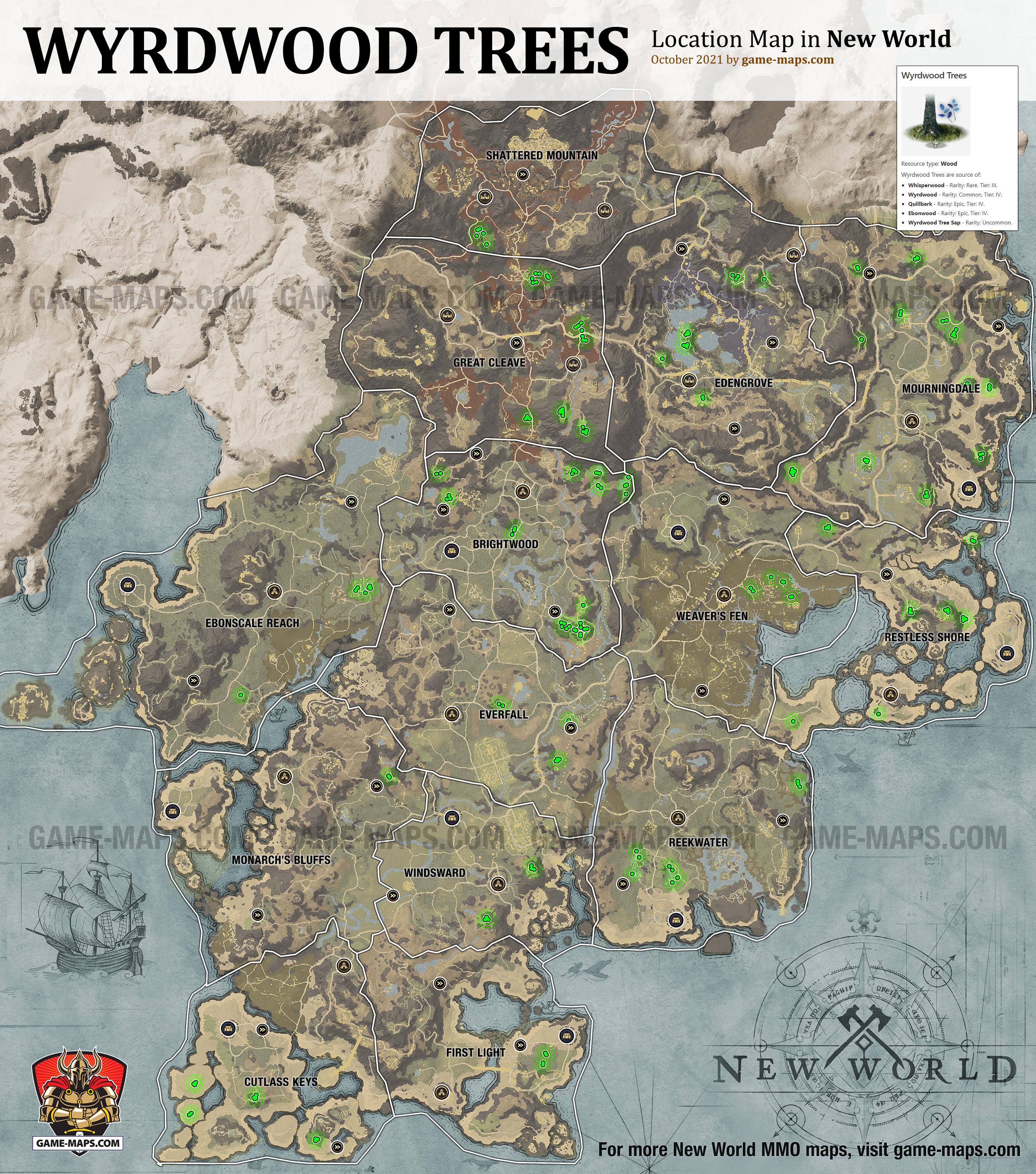 Wyrdwood Trees Location Map in New World New World Resource Location Map of Wyrdwood Trees, source of Wood Crafting Resources: Wyrdwood, Whisperwood, Quillbark, Ebonwood, Wyrdwood Tree Sap.