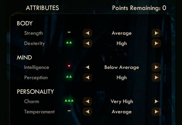 Sample Character Attributes in The Outer Worlds, Intelligence is lowered, and Charm is heavily raised. Which means that the starting value of Skill related to Intelligence will decrease, and with Charm will increase.