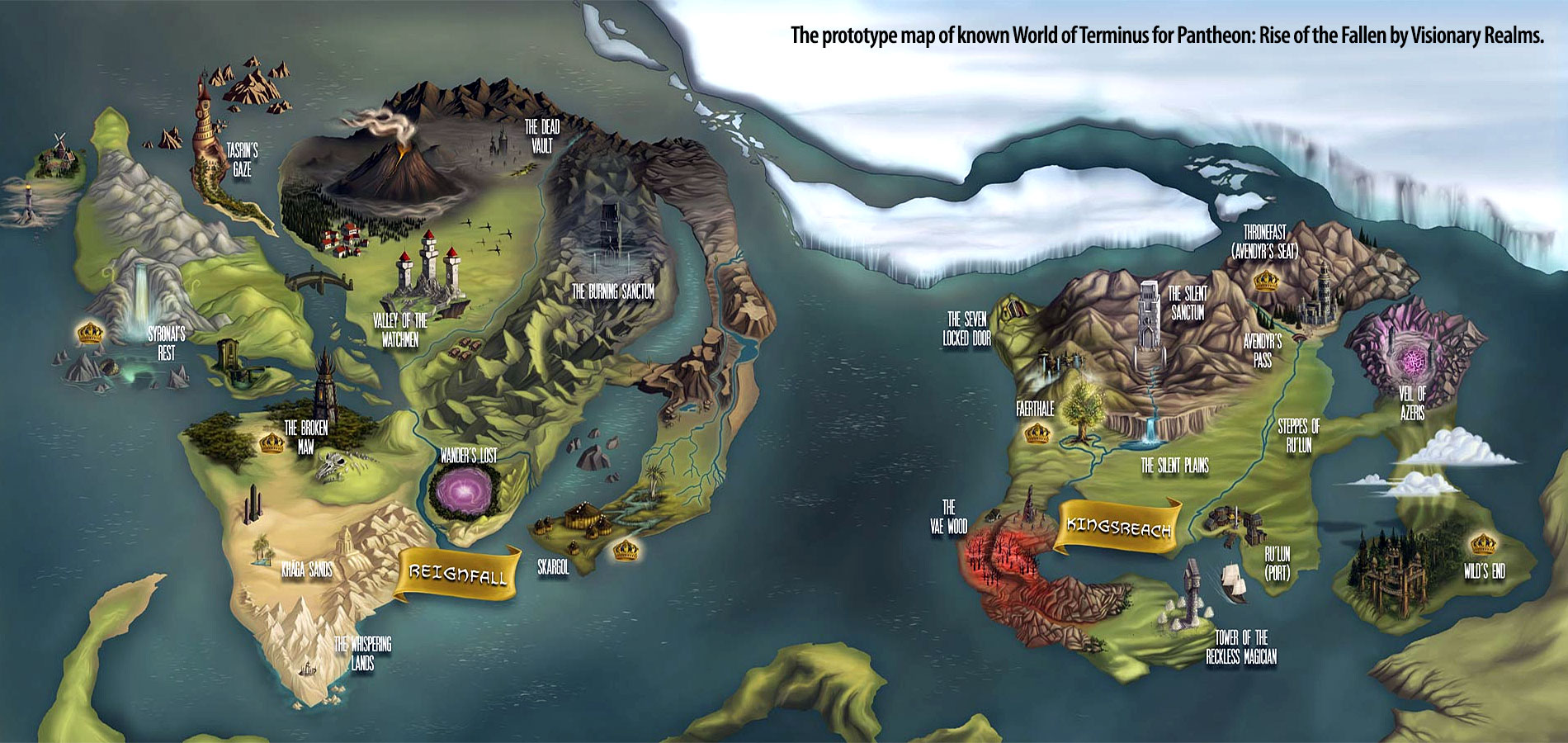 The prototype map of known world of Terminus for Pantheon: Rise of the Fallen by Visionary Realms.