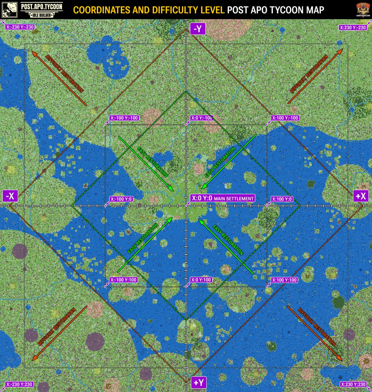 Coordinates, Map Size and Difficulty Levels Map for Post Apo Tycoon