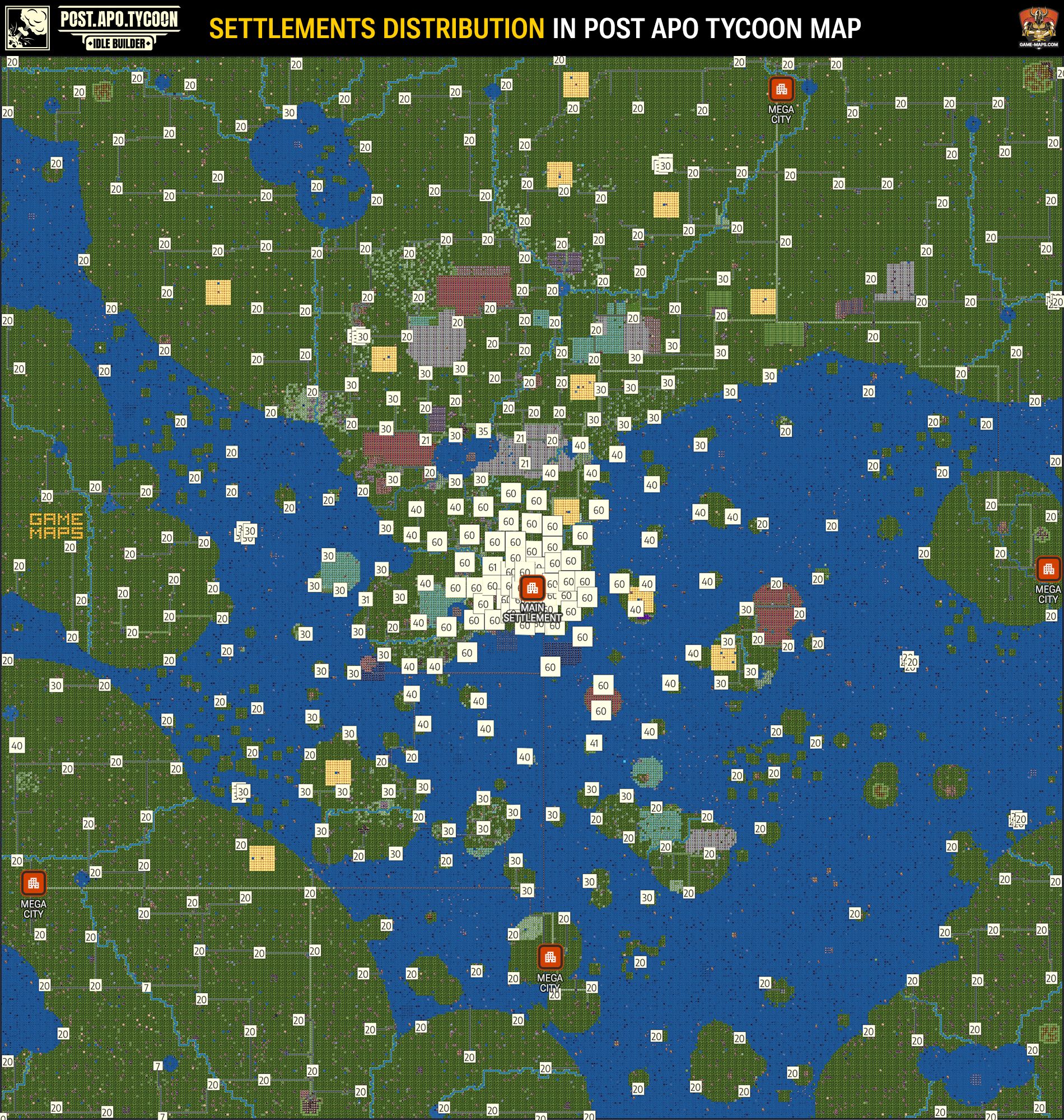 Mega Cities Location and Settlements Distribution Map - Post Apo Tycoon Idle Builder