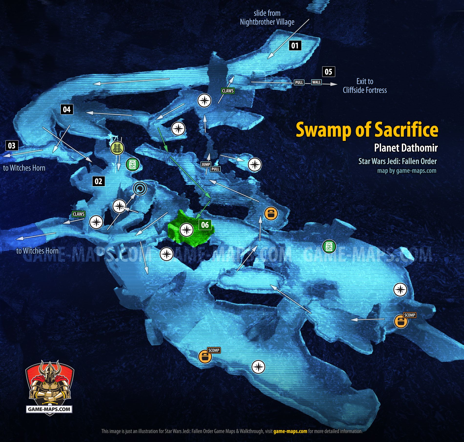 Swamp of Sacrifice Map, Planet Dathomir for Star Wars Jedi Fallen Order
