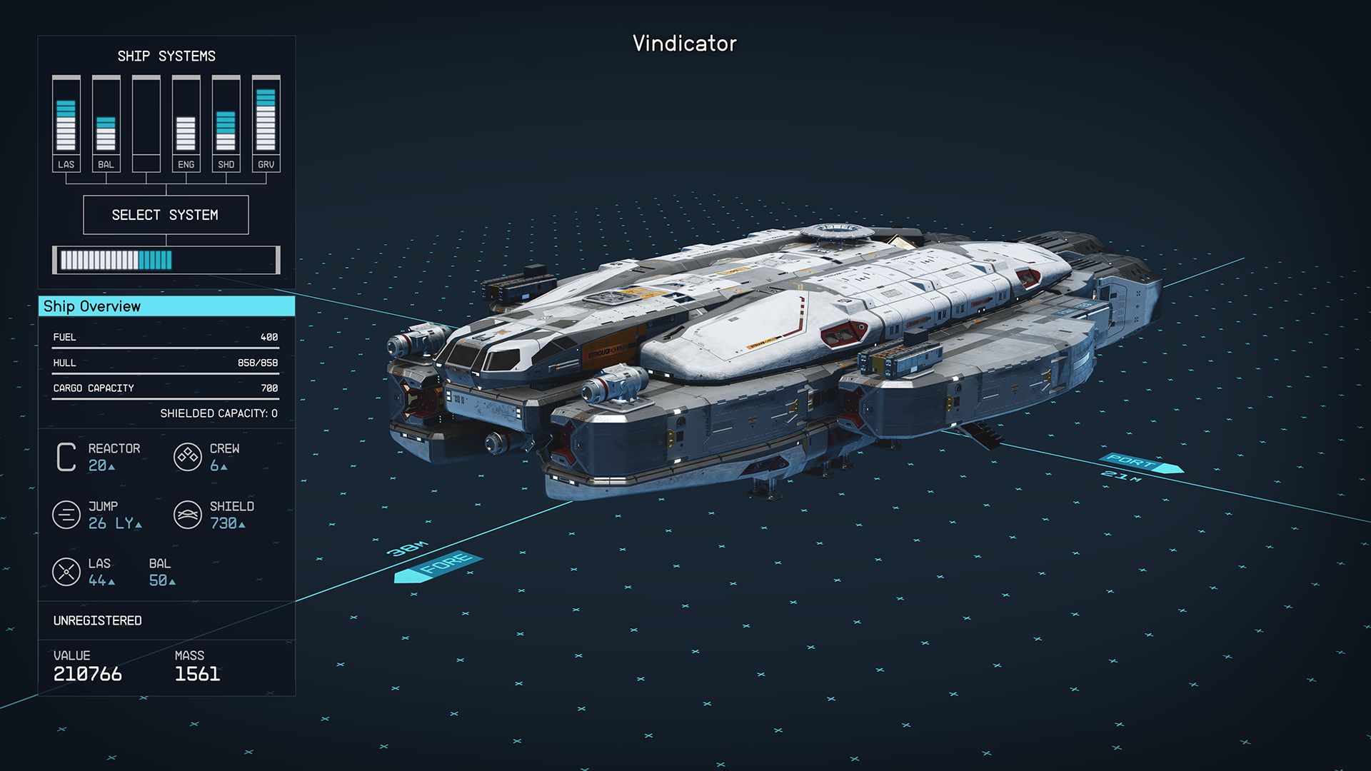 Vindicator Class C Starship by Stroud-Eklund in Starfield You can buy it at Stroud-Eklund Staryard orbiting Dalvik in Narion System - Starfield