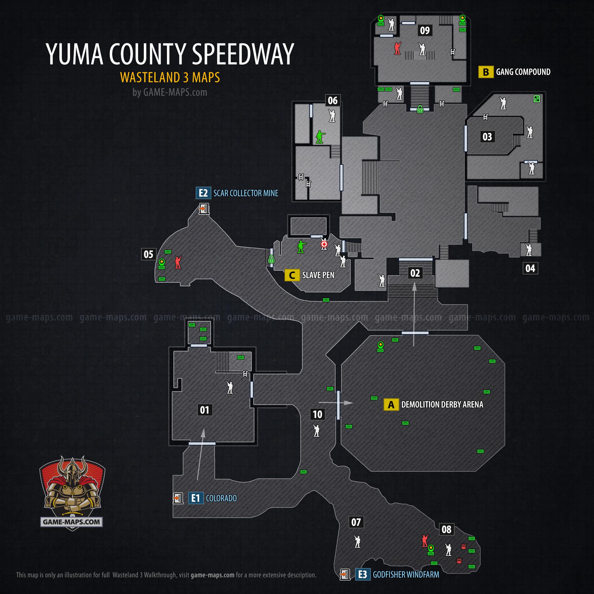 Map of Yuma County Speedway in Wasteland 3