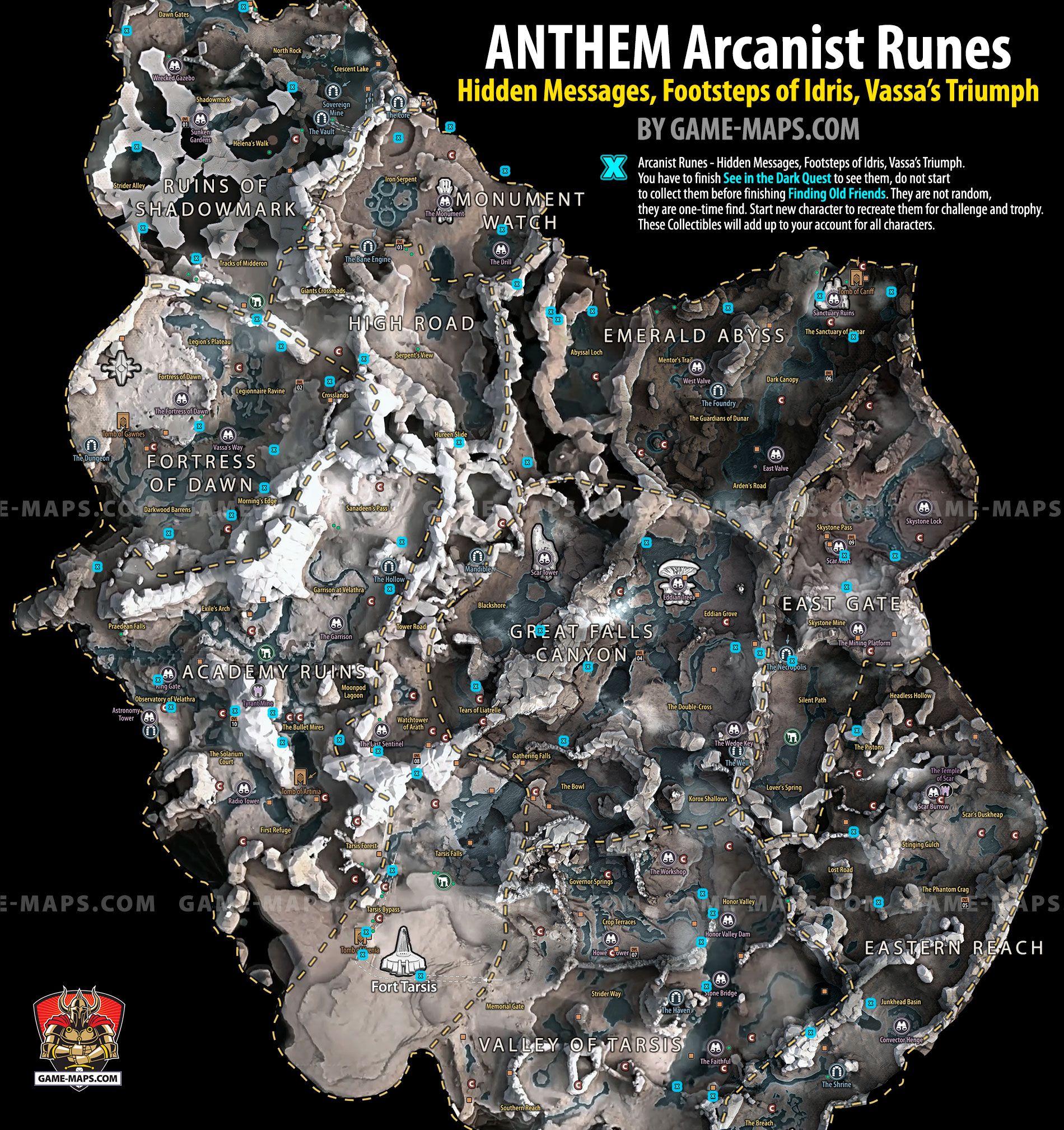 Anthem - Arcanist RunesLocations Map - Hidden Messages, Footsteps of Idris, Vassa’s Triumph