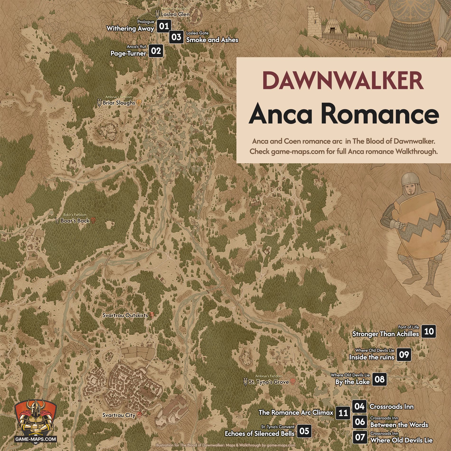 Map of required locations for Anca's romance arc in The Blood of Dawnwalker.