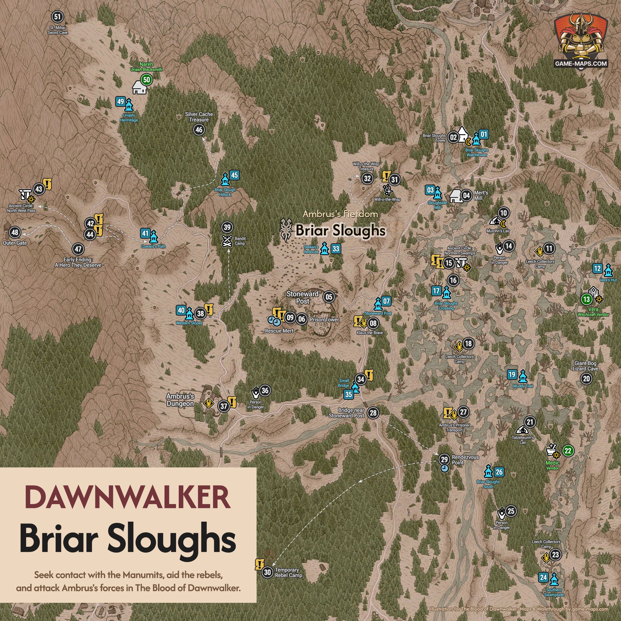 Uncovered Briar Sloughs Map for The Blood of Dawnwalker, featuring numbered markers for key locations, quests, secrets, and pathways.