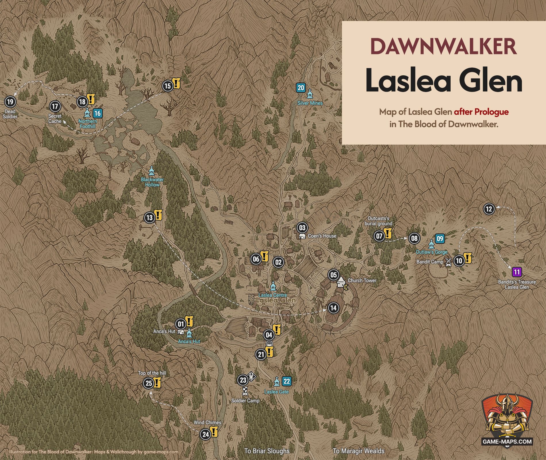 Uncovered Dawnwalker map of Laslea Glen, featuring numbered markers for key locations, secrets, and pathways.