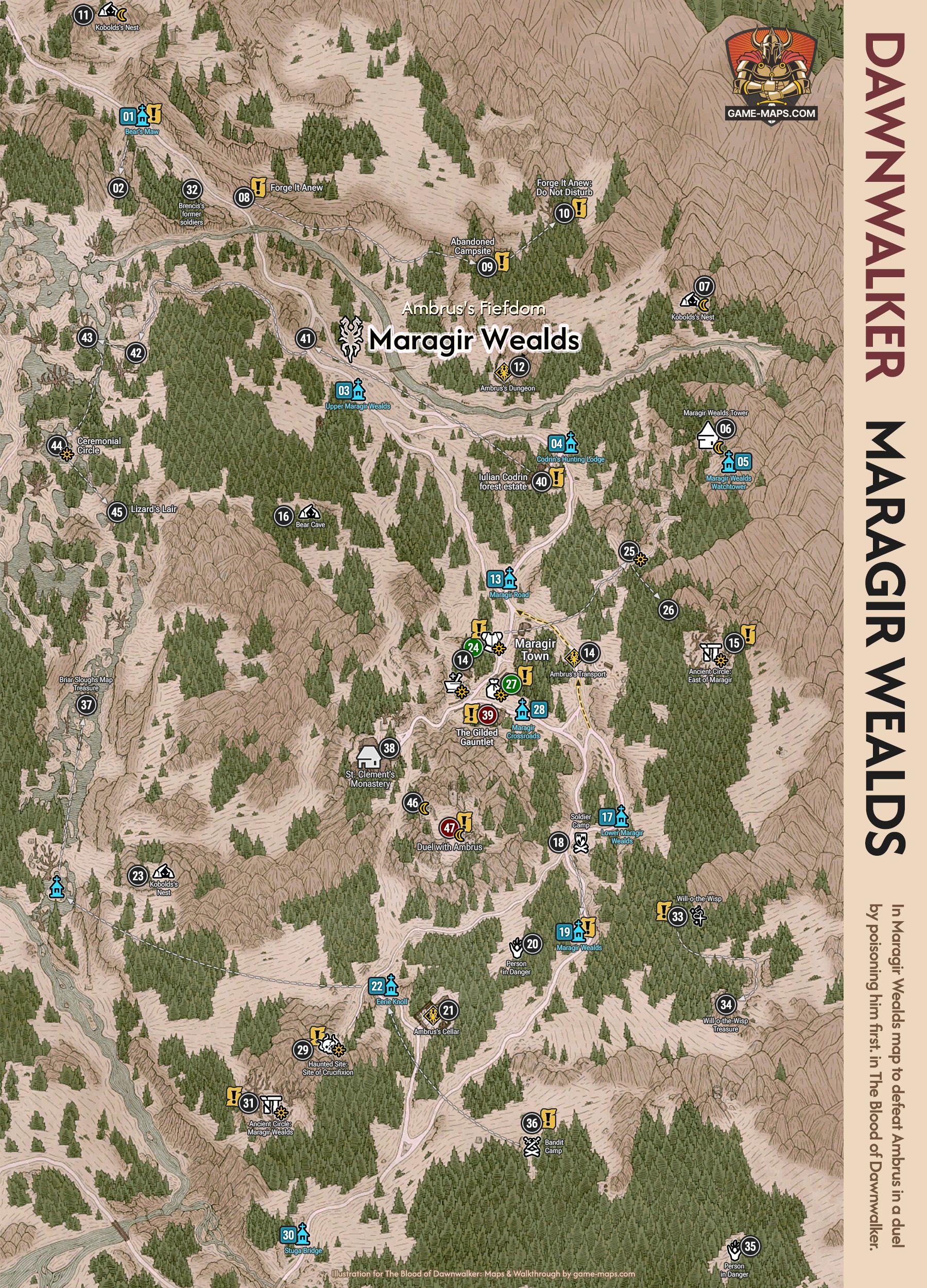 Uncovered Maragir Wealds Map for The Blood of Dawnwalker, featuring numbered markers for key locations, quests, secrets, and pathways.