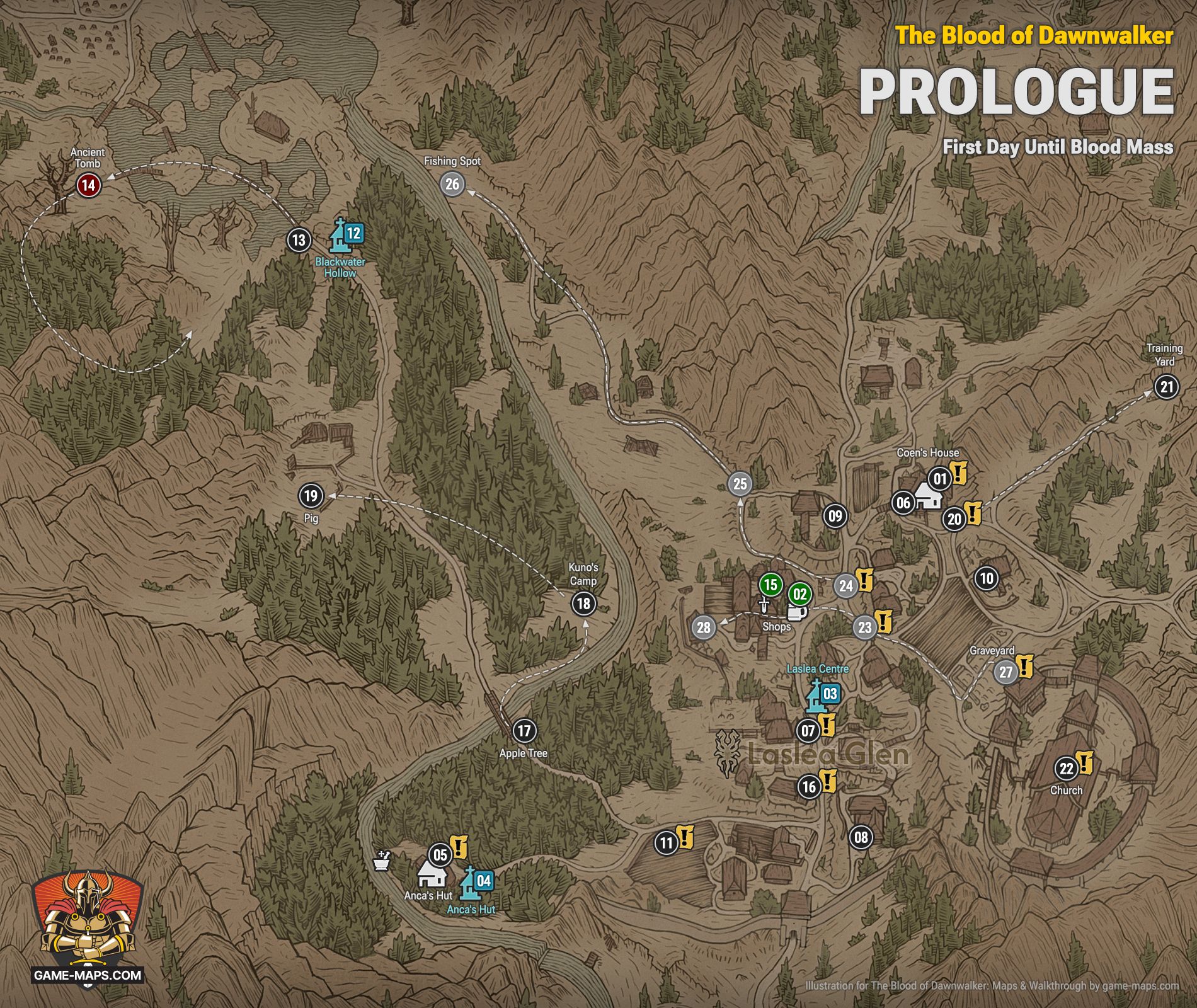 Uncovered Dawnwalker map of Prologue, featuring numbered markers for key locations, secrets, and pathways.
