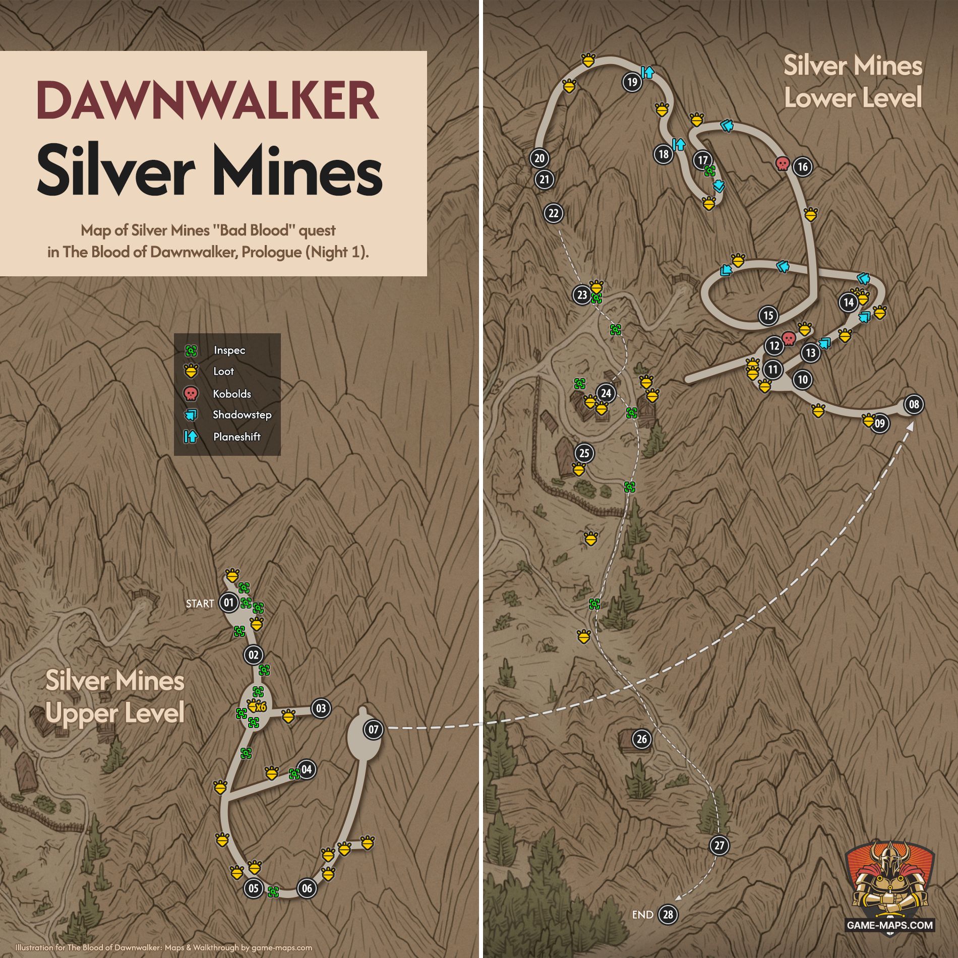Uncovered Dawnwalker map of Silver Mines, featuring numbered markers for key locations, secrets, and pathways.