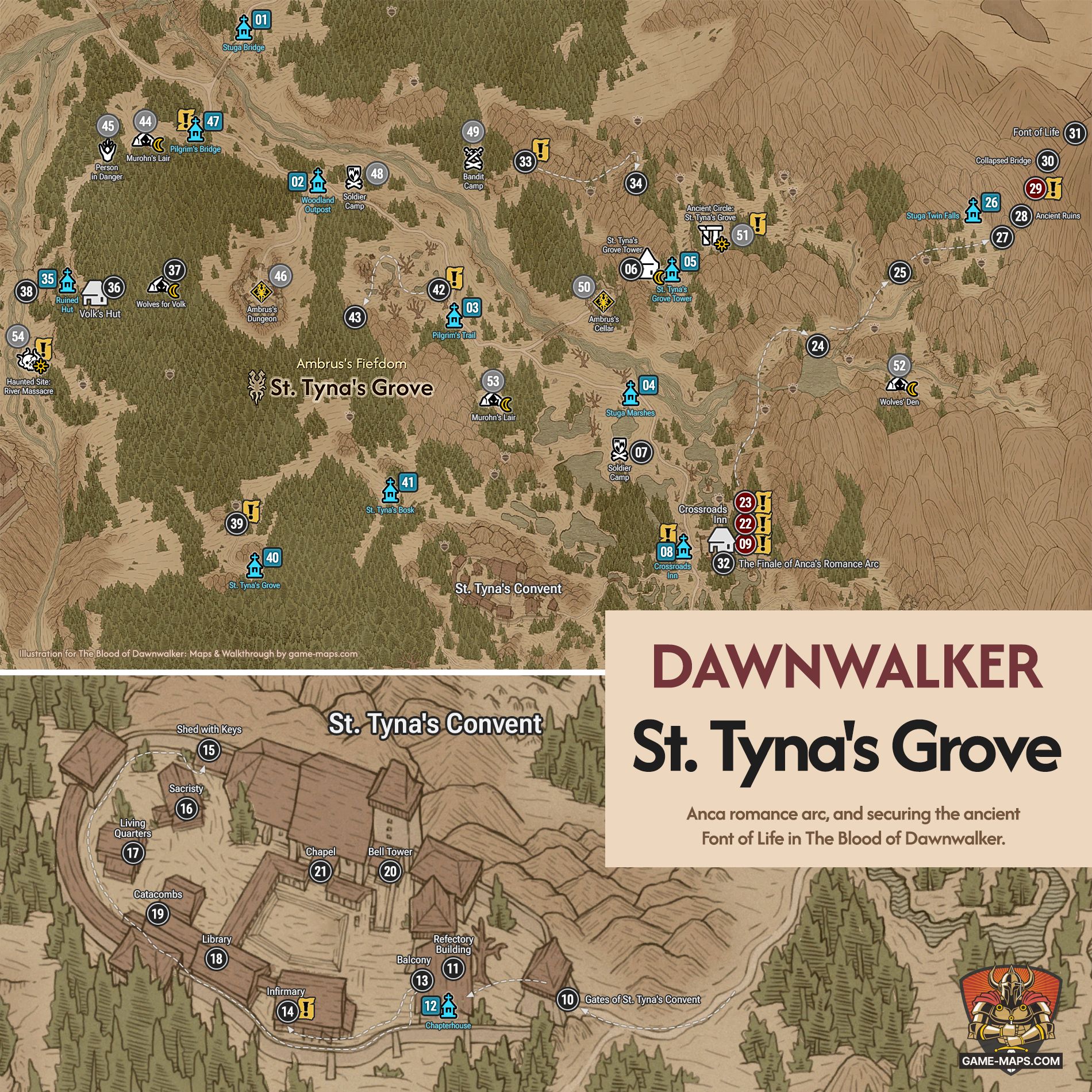 Uncovered St. Tyna's Grove Map for The Blood of Dawnwalker, featuring numbered markers for key locations, quests, secrets, and pathways.