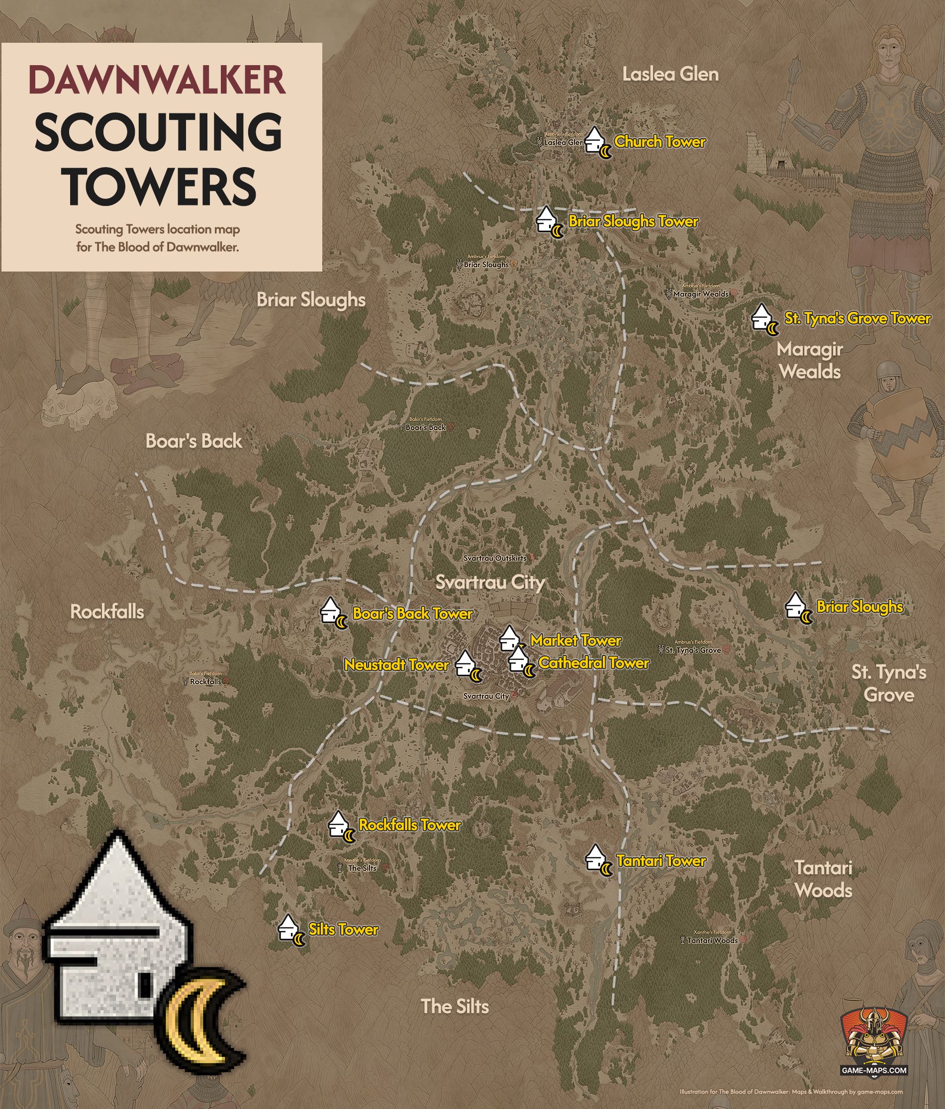 The Blood of Dawnwalker Map of all Scouting Towers locations.