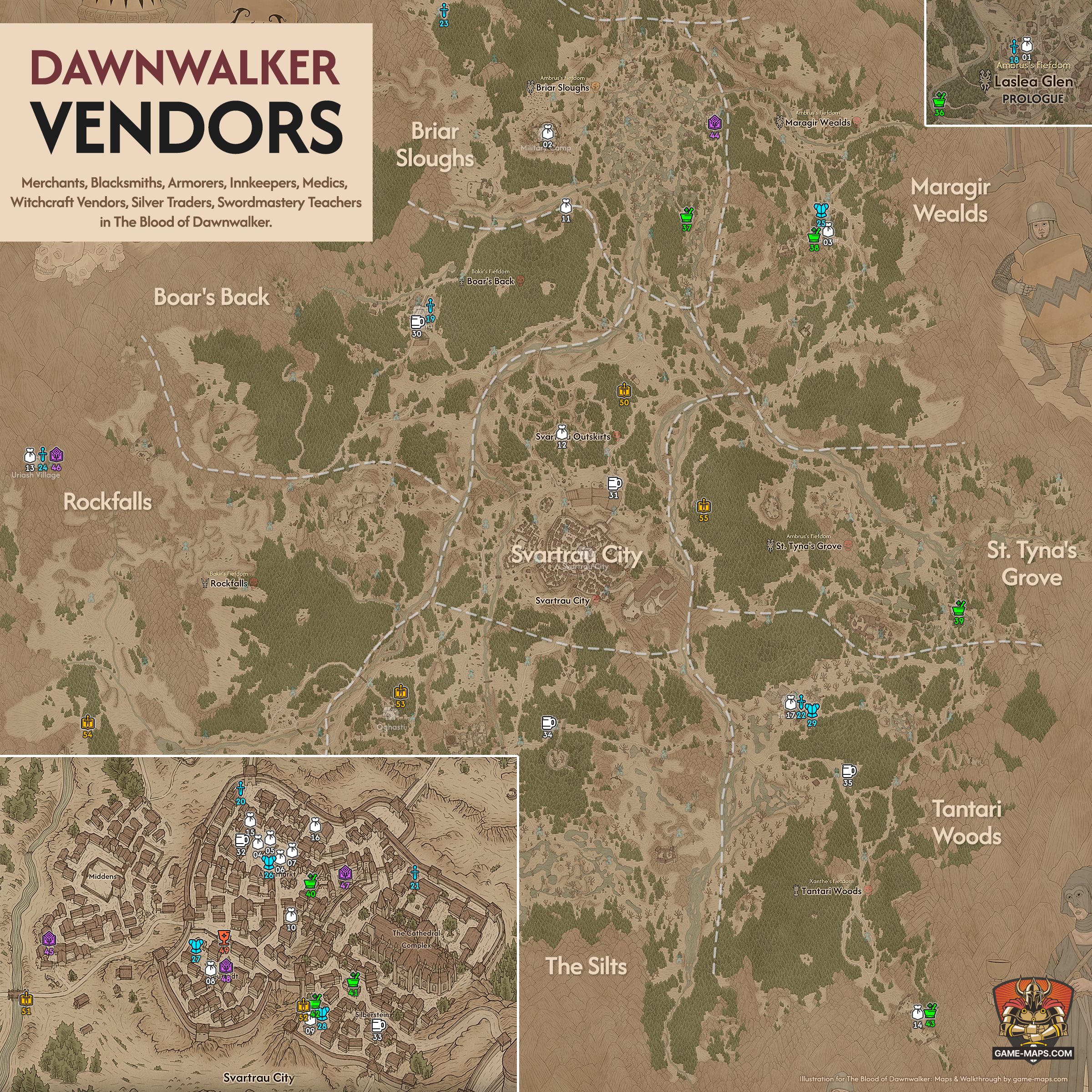 Map of all vendor locations in The Blood of Dawnwalker