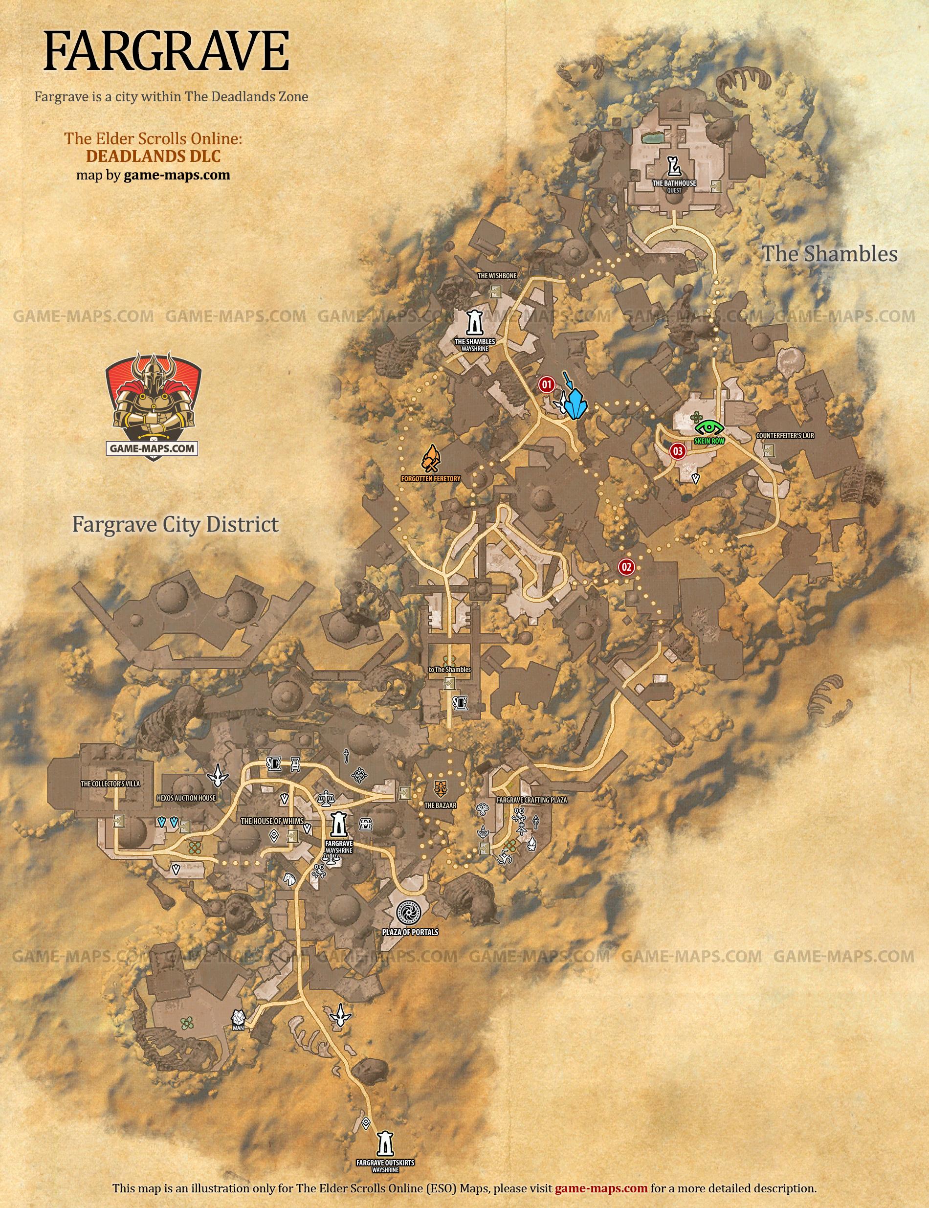 Fargrave Map for The Elder Scrolls Online: Deadlands DLC, The Gates of Oblivion 2021 Adventure (ESO).