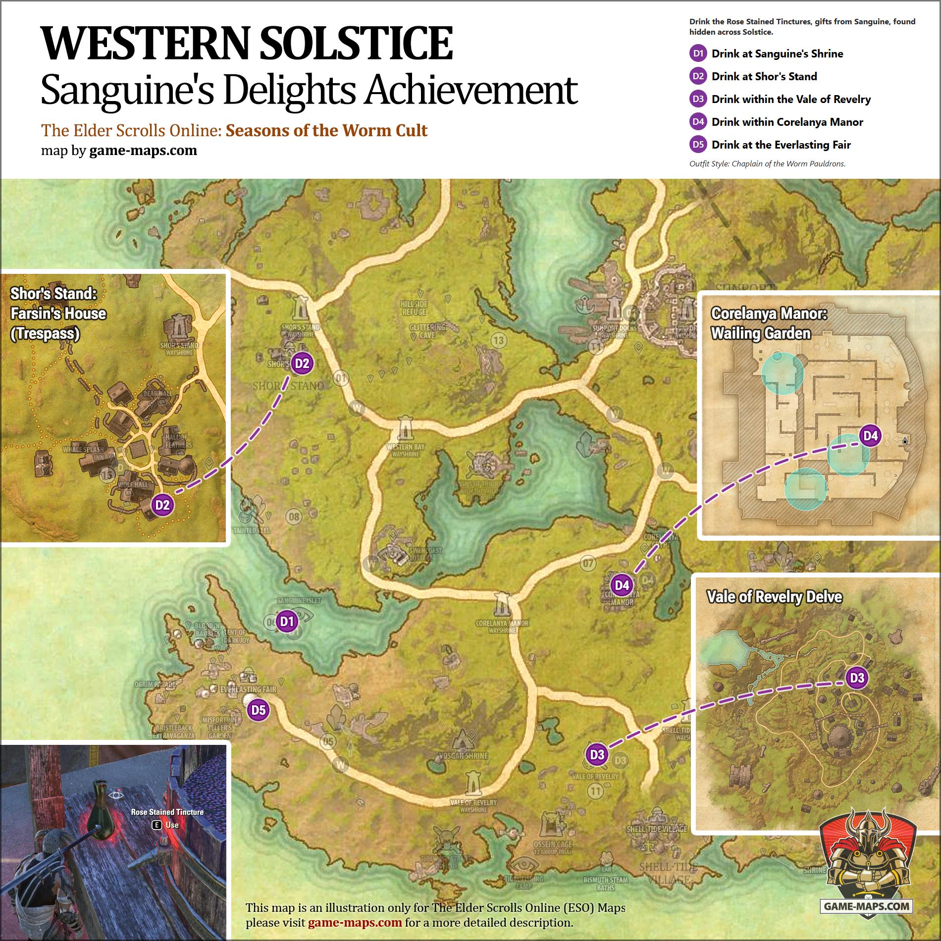 Sanguine's Delights Achievement Map Location map of all Rose Stained Tinctures for Sanguine's Delights Achievement in The Elder Scrolls Online: Seasons of the Worm Cult