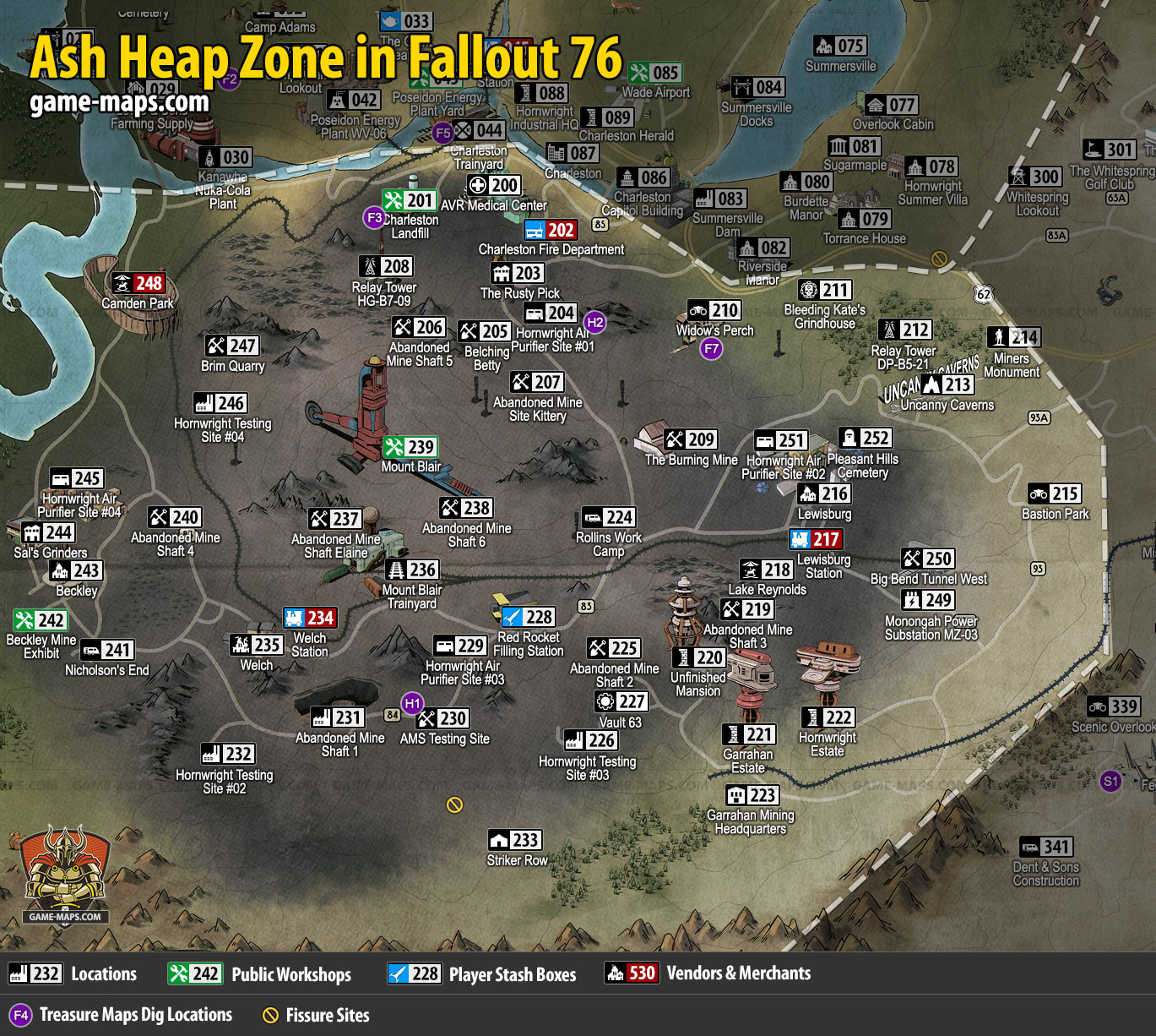 Map of Ash Heap Region for Fallout 76 Video Game.