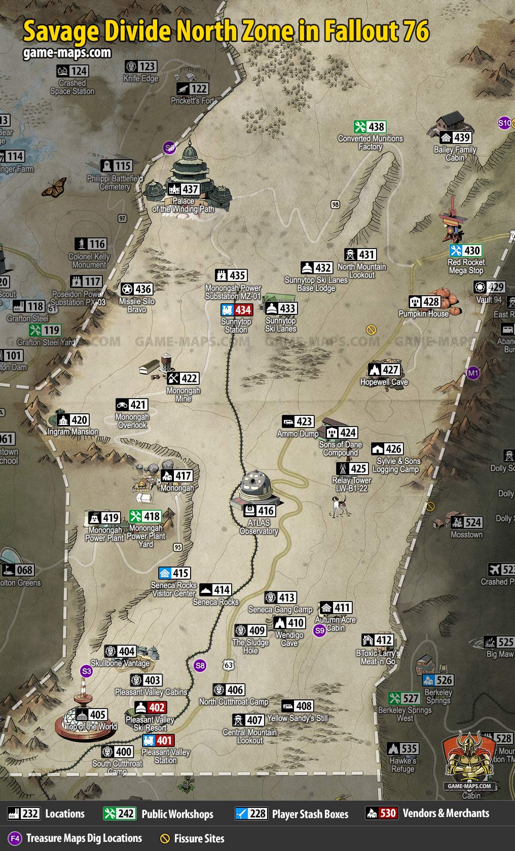 Map of Savage Divide North Region for Fallout 76 Video Game.