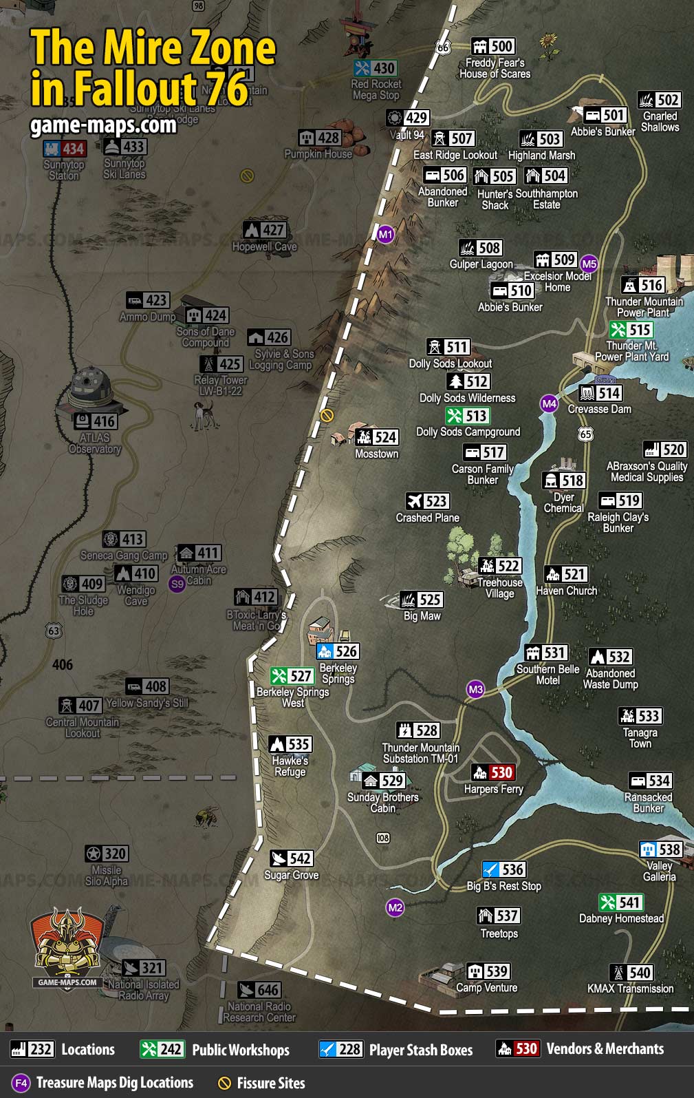 Map of The Mire Region for Fallout 76 Video Game.