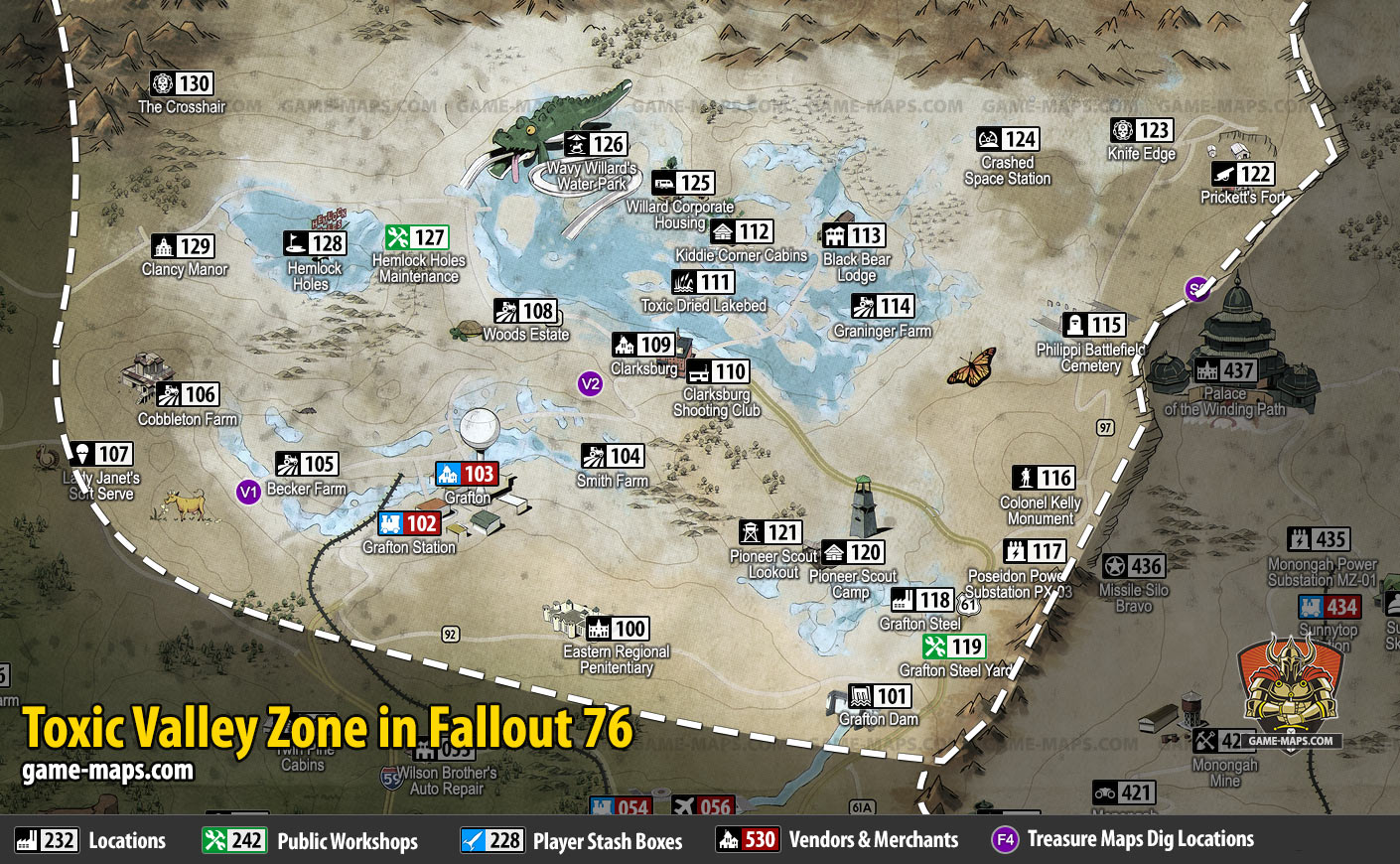 Map of Toxic Valley Region for Fallout 76 Video Game. 