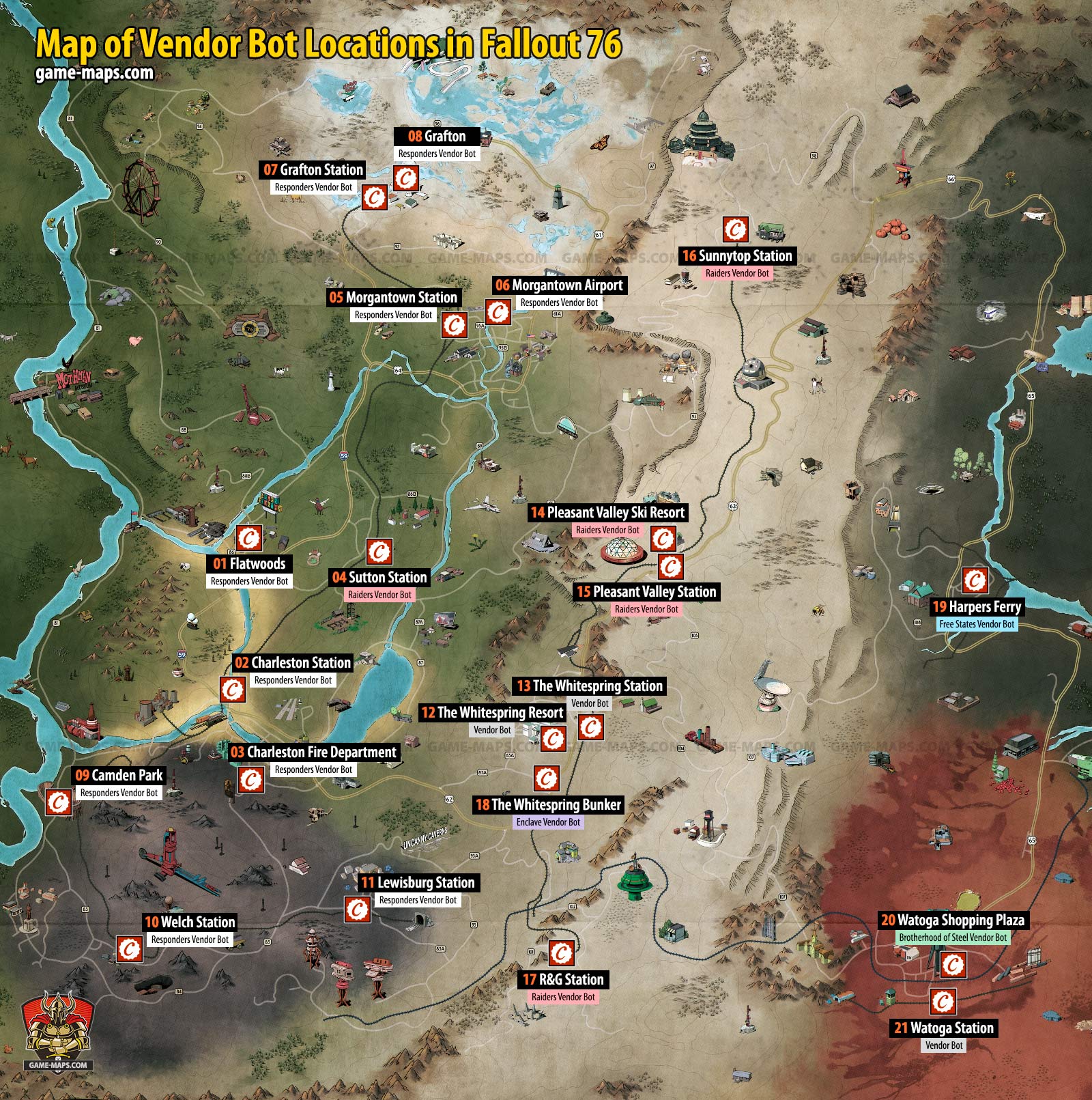 Map of Vendor Bot Locations in Fallout 76