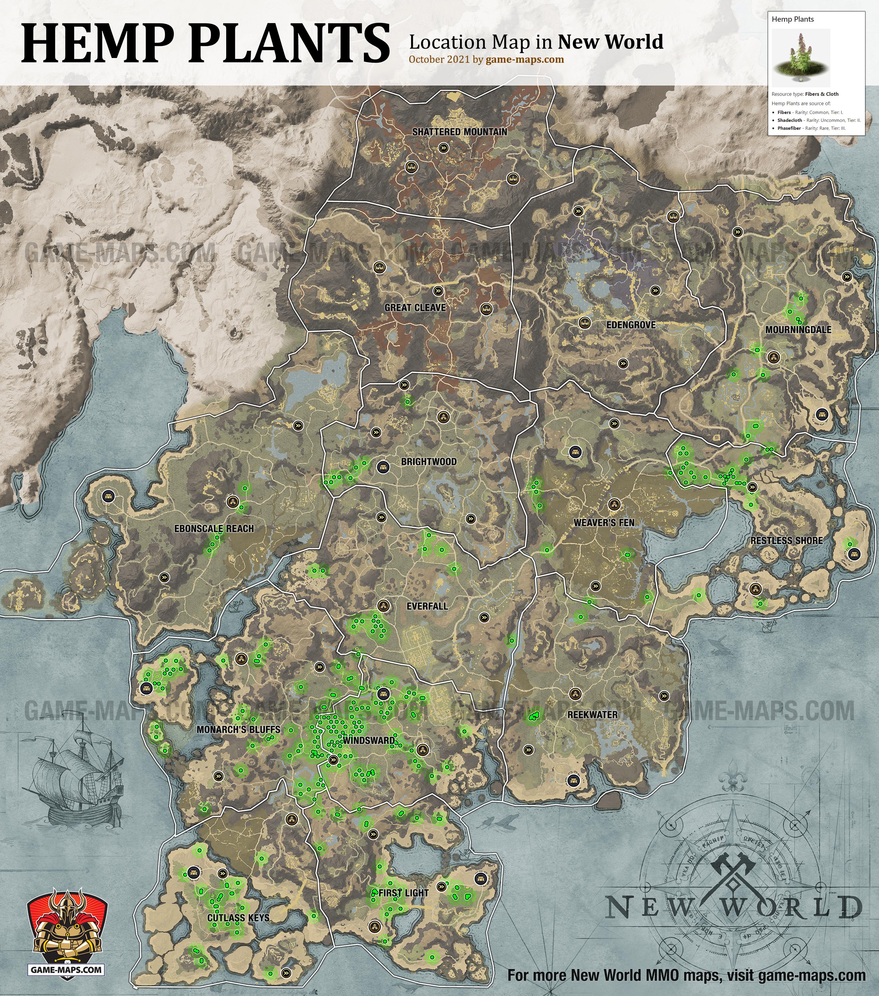 New World Resource Location Map of Hemp Plants, source of Fibers & Cloth Crafting Resources: Fibers, Shadecloth, Phasefiber.