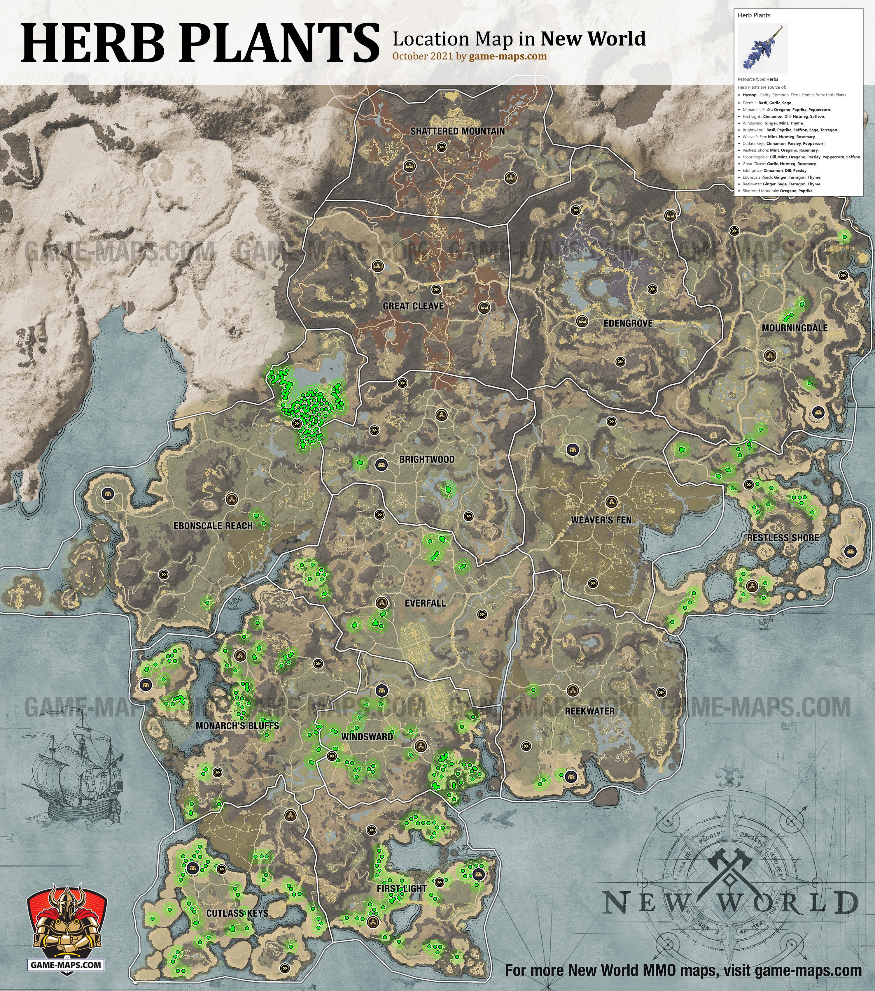 New World Resource Location Map of Herb Plants, source of Herbs Crafting Resources: Hyssop, Basil, Cinnamon, Dill, Garlic, Ginger, Mint, Nutmeg, Oregano, Paprika, Parsley, Peppercorn, Saffron, Sage, Rosemary, Tarragon, Thyme.