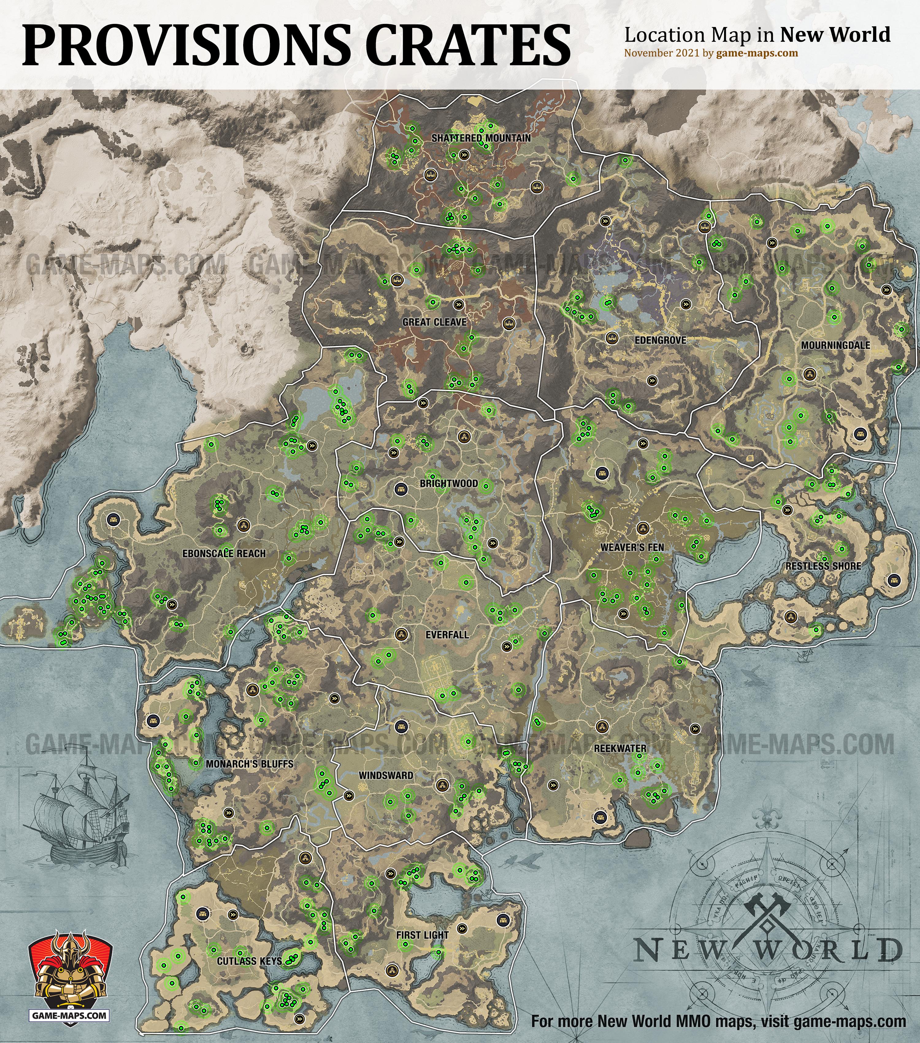 New World Resource Location Map of Provisions Crates and Stockpiles, source of Salt, Sugar, Rice, Cauliflower, Orange, Lemon, Apple, String Bean, Coconut, Tomato, Onion, Melon, Yeast, Milk, Wheat.