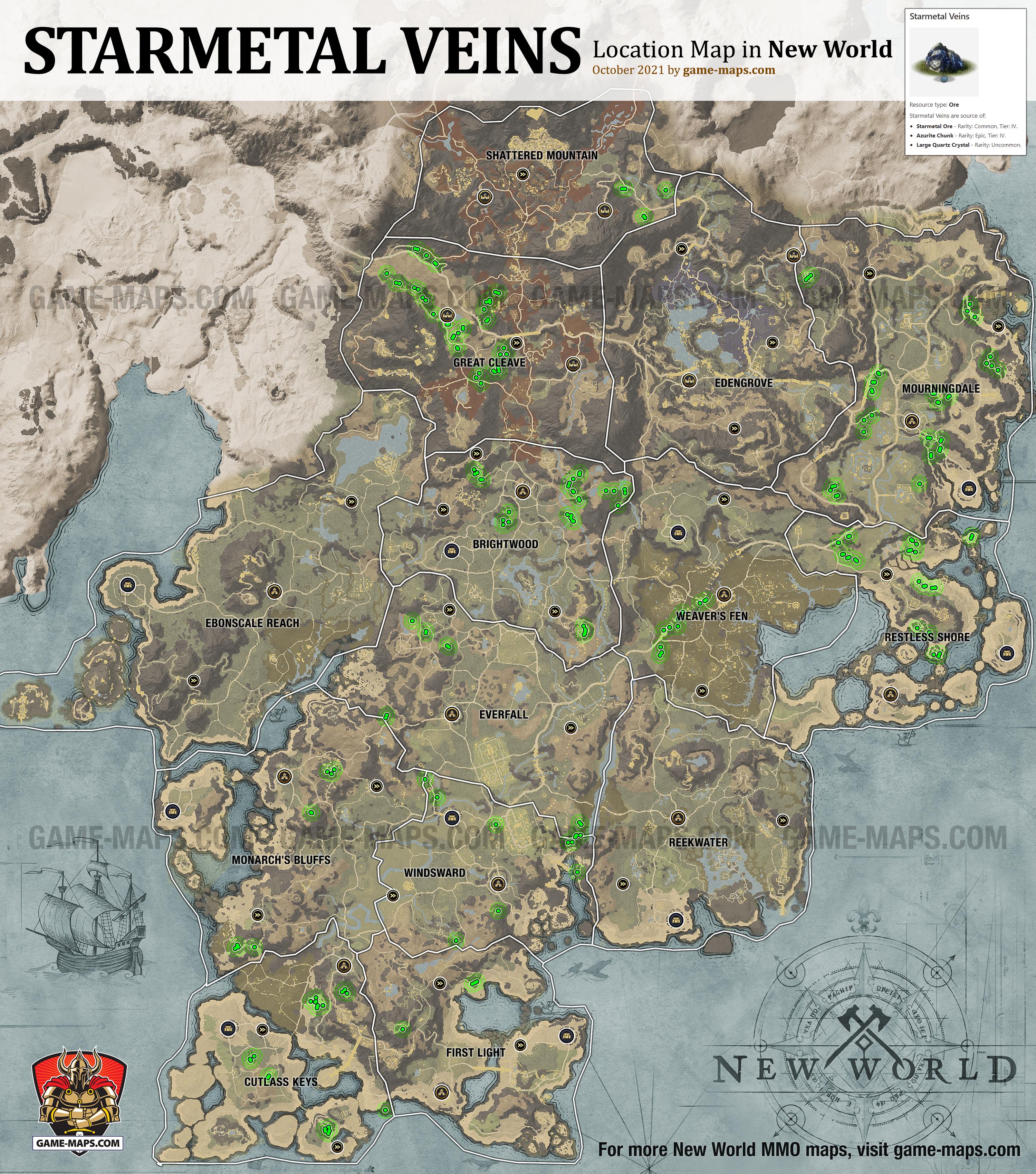 New World Resource Location Map of Starmetal Veins, source of Ore Crafting Resources: Starmetal Ore, Azurite Chunk, Large Quartz Crystal.